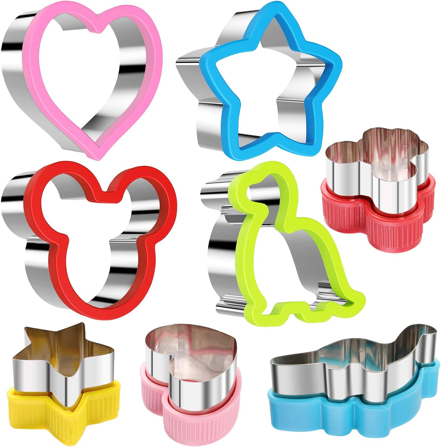 WARRENT Stainless Steel Sandwiches Cutter Set, Mickey Mouse & Dinosaur & Heart & Star Shapes Sandwiches Cutter Cookie Cutter -Food Grade Cookie Cutter Mold for Kids (Big+Medium, 8pack)