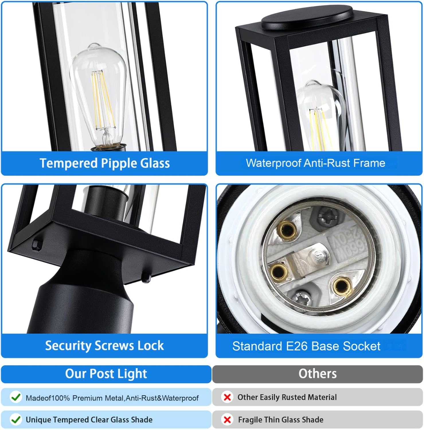 Outdoor Post Lights Lamp Post Light Fixture 2 Pack, Modern Black Exterior Post Lantern Fixture with Tempered Glass, Anti-Rust Light Posts for Outside for Driveway Patio Garden