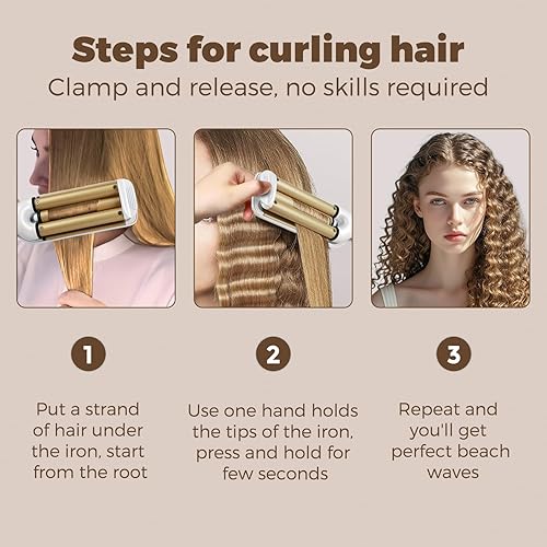 Miniatura 6 de Ondulador de pelo ondulado de 3/4 pulgadas, rizador de 3 barriles profundos, rizador de cerámica, temperatura ajustable, rizador de pelo ligero