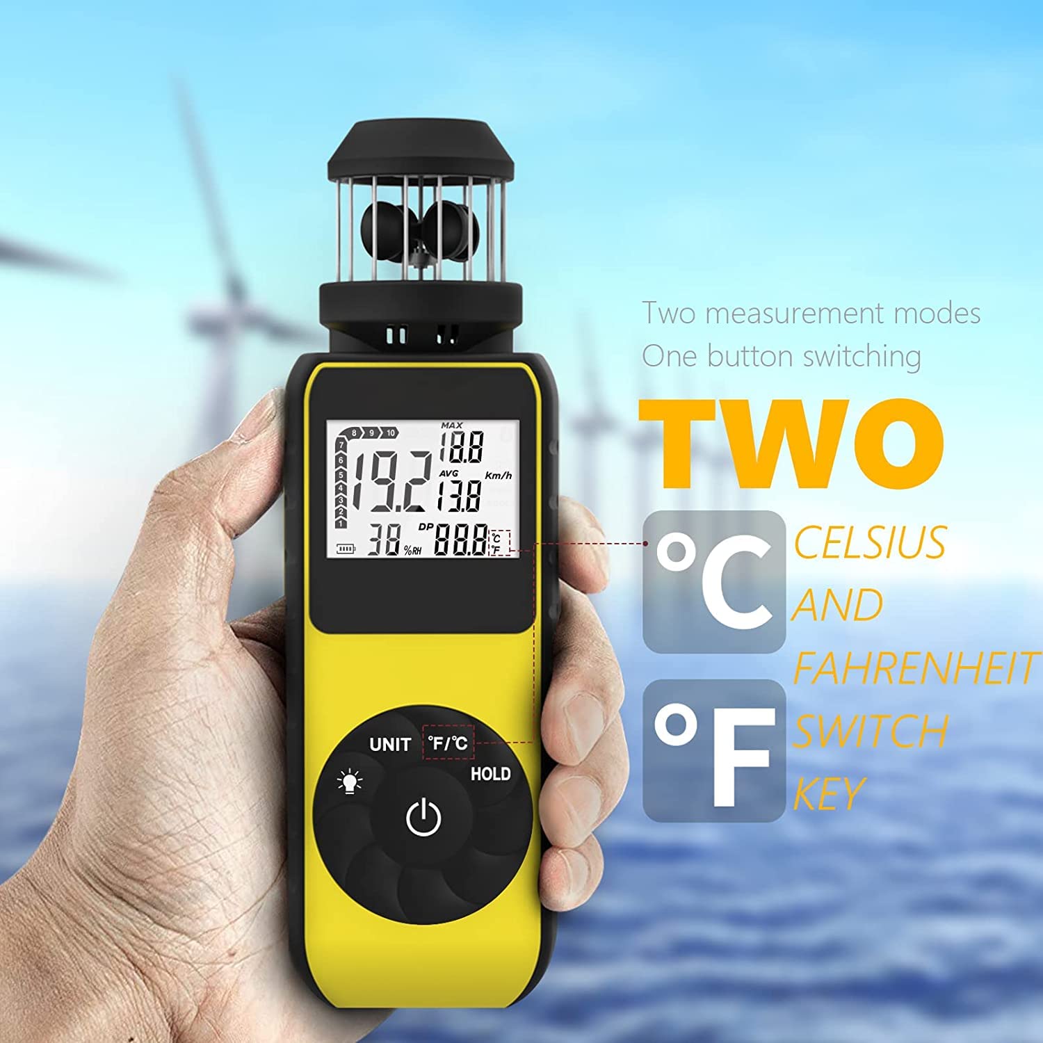 Cup Windmesser Handheld 360° Wind Speed Meter Gauge RQ-881M 0,7-42 m/s Temperatur Kompass für HVAC Segeln Drohnenflug