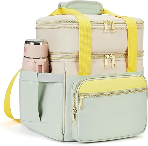 Miniatura 12 de Bolsa de almuerzo aislada y lonchera para hombres - Bolsa de almuerzo reutilizable de doble nivel para mujeres, bolsa de almuerzo térmica con asa, a