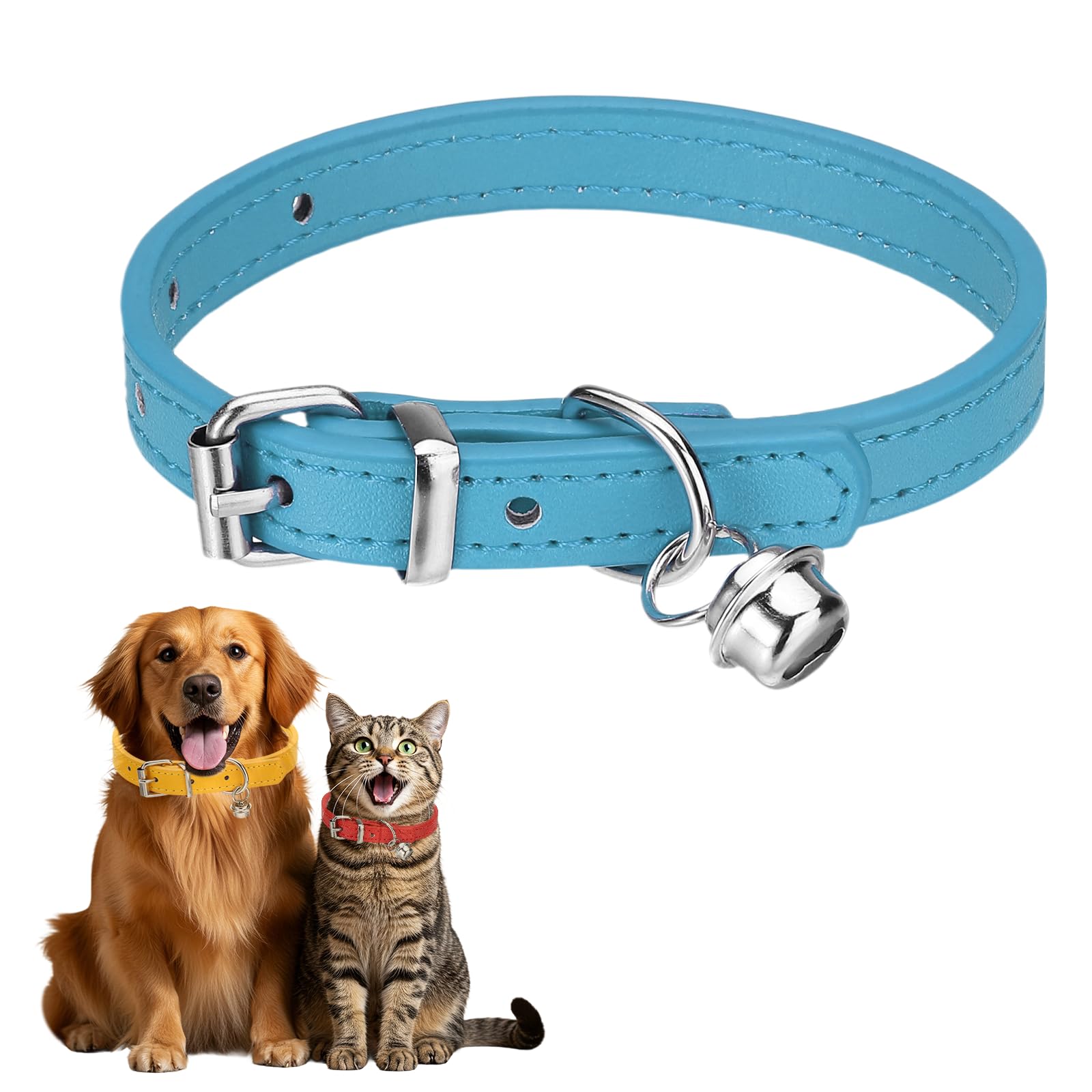 sourcing map Dog Collar with Bell, Pu Leather Cat Collars Pet Basic Soft Padded Adjustable Buckle, 10" (Blue, 1 Pcs), Intended for Teacup/Little Dog/Kitten Cats/Small Animals