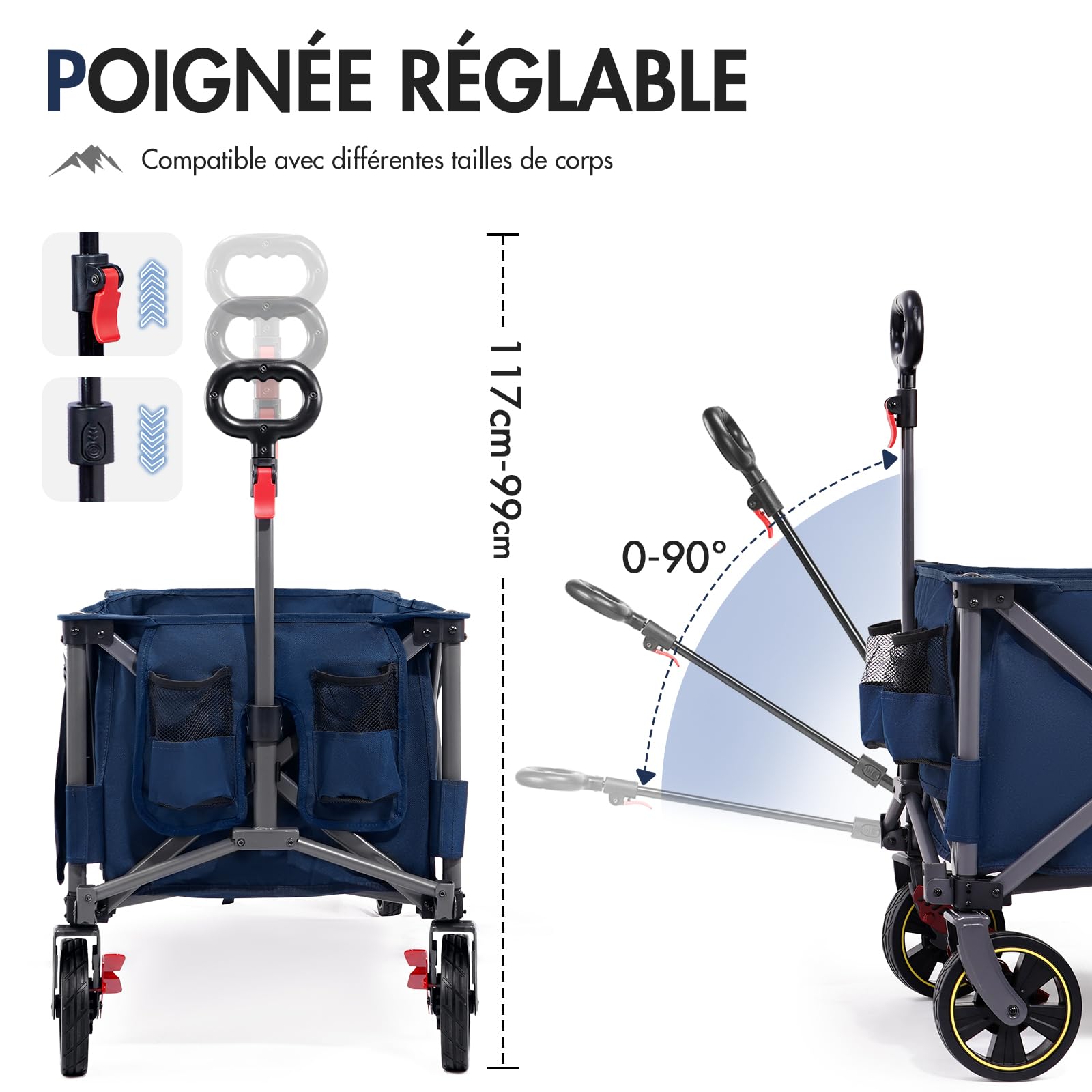 PORTAL Chariot de Plage Pliable, 400L 160KG Plage très Long Chariot à roulettes avec Filets Anti-Chute Frein Tout Terrain Poignée Réglable Charrette pour Extérieur Camping Pique-Nique