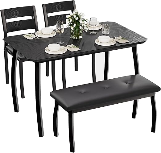 GarveeHome Dining Table Set for 4, Sturdy Wooden Kitchen Table with Chamfer Design and Metal Legs, Upholstered Bench & 2 Classic Dinner Chairs, Kitchen and Dining Set for Home Dinner, Party, Black