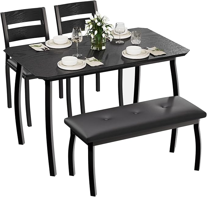 GarveeHome Dining Table Set for 4, Sturdy Wooden Kitchen Table with Chamfer Design and Metal Legs, Upholstered Bench & 2 Classic Dinner Chairs, Kitchen and Dining Set for Home Dinner, Party, Black