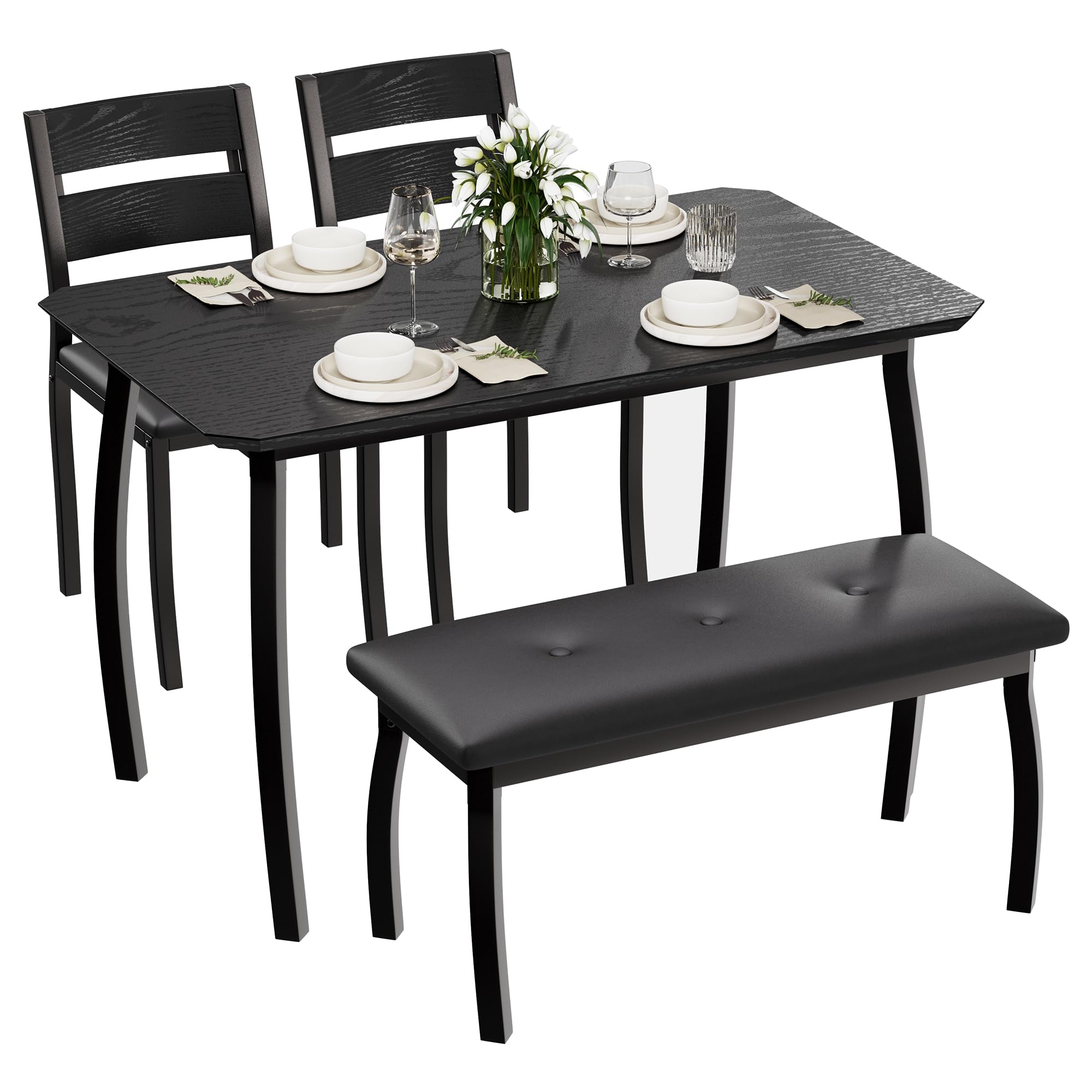 IDEALHOUSE black dining set with upholstered bench and two cushioned chairs