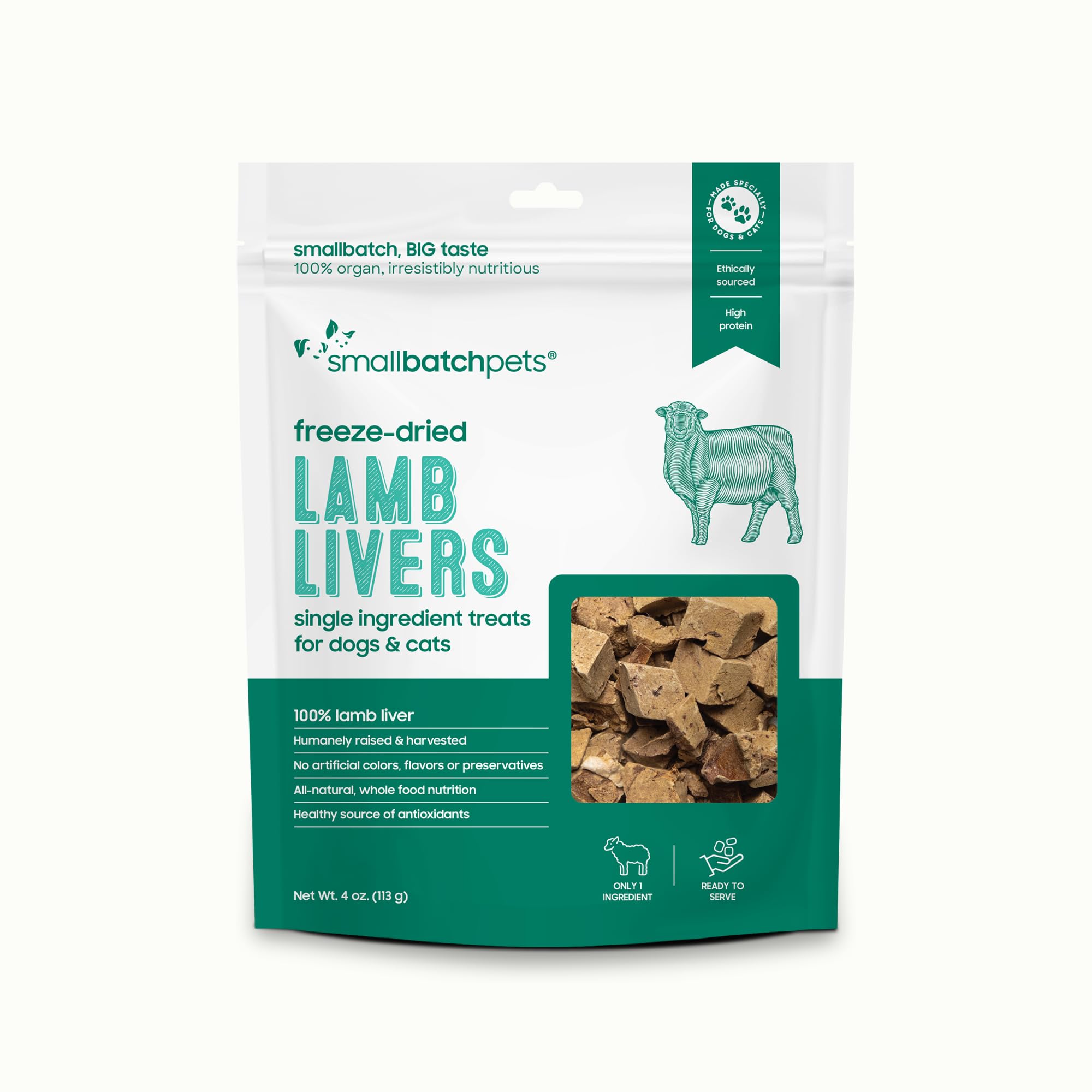 smallbatch Freeze Dried Dog Treats, Lamb Liver Treats for Dogs & Cats, High Protein, Single Ingredient Dog Treat for Training or Food Topper, Natural,
