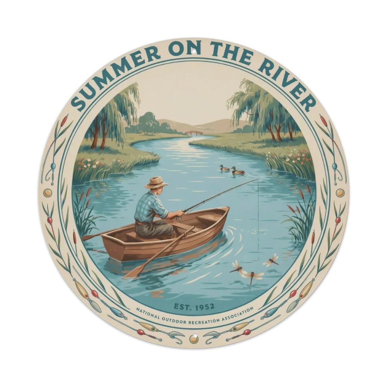 Retro River Fishing Scene Metal Tin Sign Plaque