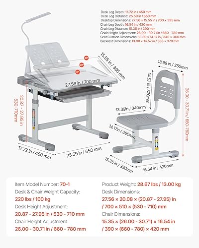 Miniatura 7 de VEVOR Juego de silla y escritorio de estudio para niños, escritorio de estudio y silla para niños con lámpara de mesa, altura ajustable y escritorio