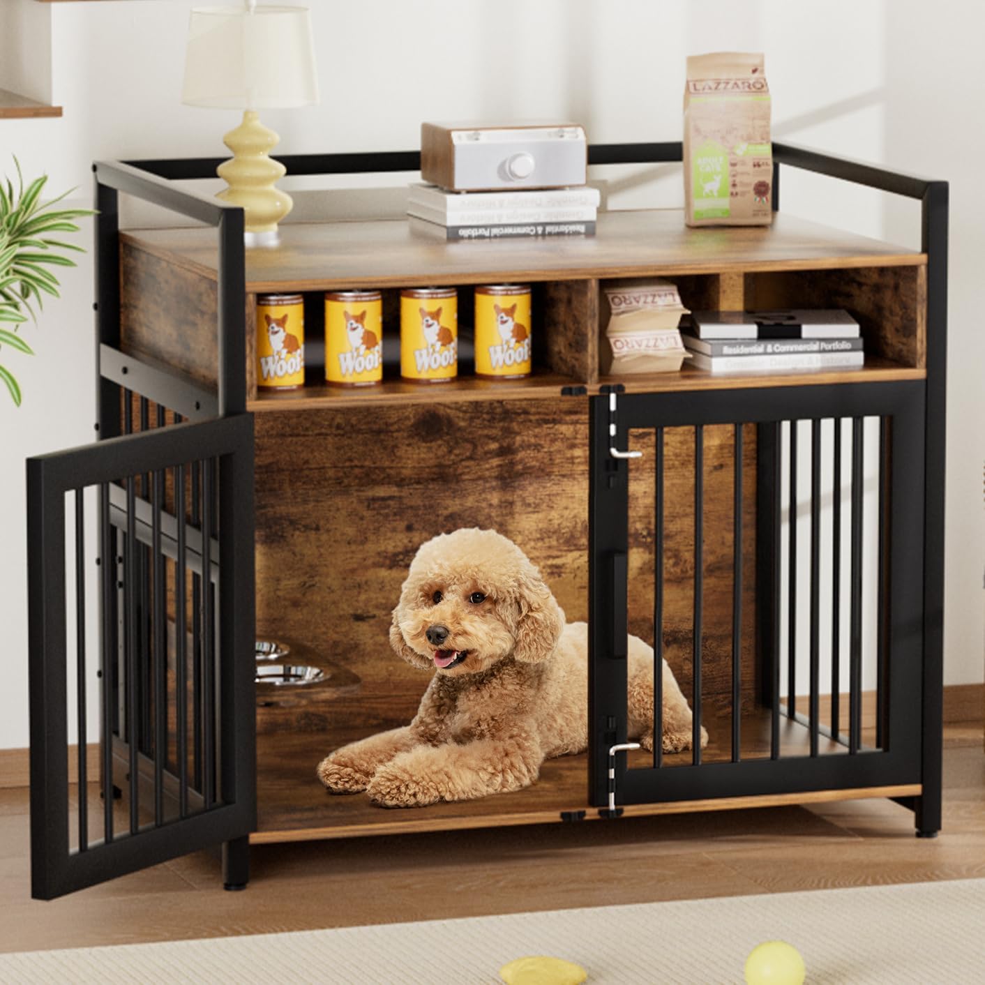 GarveeHome 41 Inch Dog Crate Furniture, Heavy Duty Dog Kennel with 2 Doors, 2 Adjustable Bowls and Lockable Wheels, Wooden Dog House for Large Dogs, End Table Dog Cage, Rustic Brown