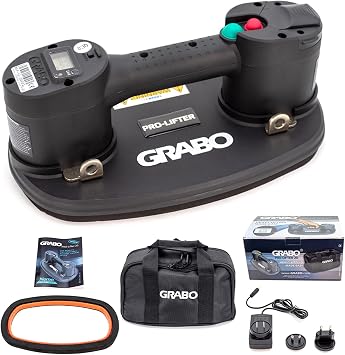 GRABO Pro Electric Vacuum Suction Cup Lifter With Automatic Turn On/Off Pump Function Digital Display Electronic Pressure Gauge for Wood Drywall Granite Glass Tile Heavy Lifting Tool | Automatic pump, digital pressure gauge, 20 L/min airflow