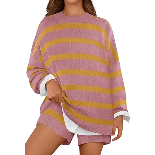 MEROKEETY Women's 2 Piece Sweater Lounge Sets Striped Long Sleeve Shorts Oversized Matching Outfits