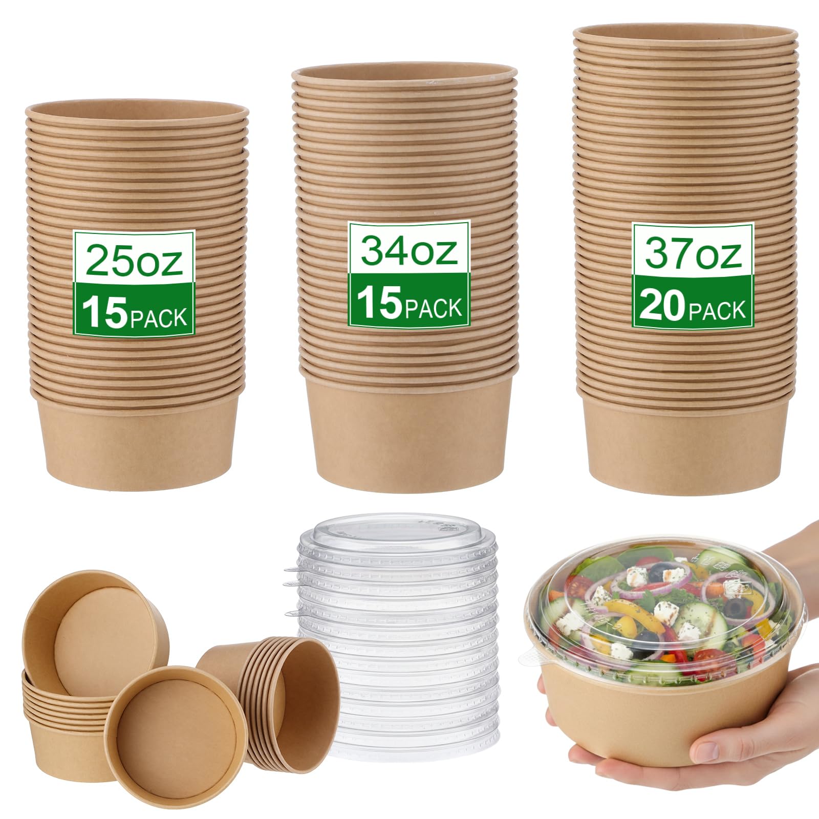 50 Pack Kraft Paper Bowls with Lid 25/34/ 37 oz Disposable Soup Salad Bowls Party Supplies, to Go Food Container for Party Dessert, Ice Cream, Yogurt, Microwave Freezer Safe