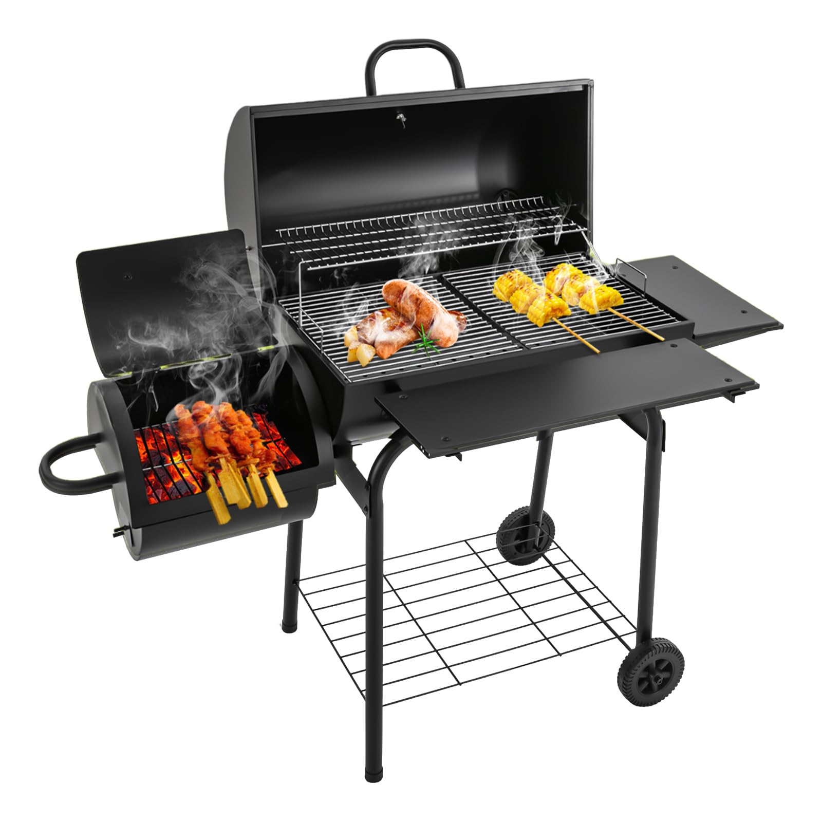 Grill na węgiel drzewny, grill na kółkach z pokrywką, kółkami, uchwytem ze stali nierdzewnej, 2 ruszty do grillowania i termometrem, powierzchnia grillowania: 39 x 34 cm i 31 x 31 cm, grill stojący