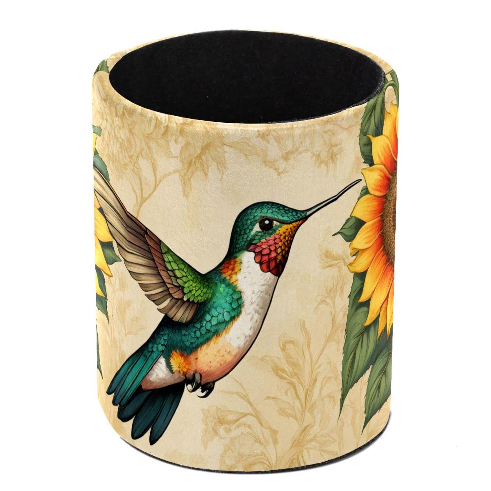 HEOEH Hummingbird Sunflower Pen Holder for Desk, PU Leather Pencil Holder Pen Cup Marker Holder Makeup Brush Holders, Desk Accessories & Workspace Organizers for Home, Office