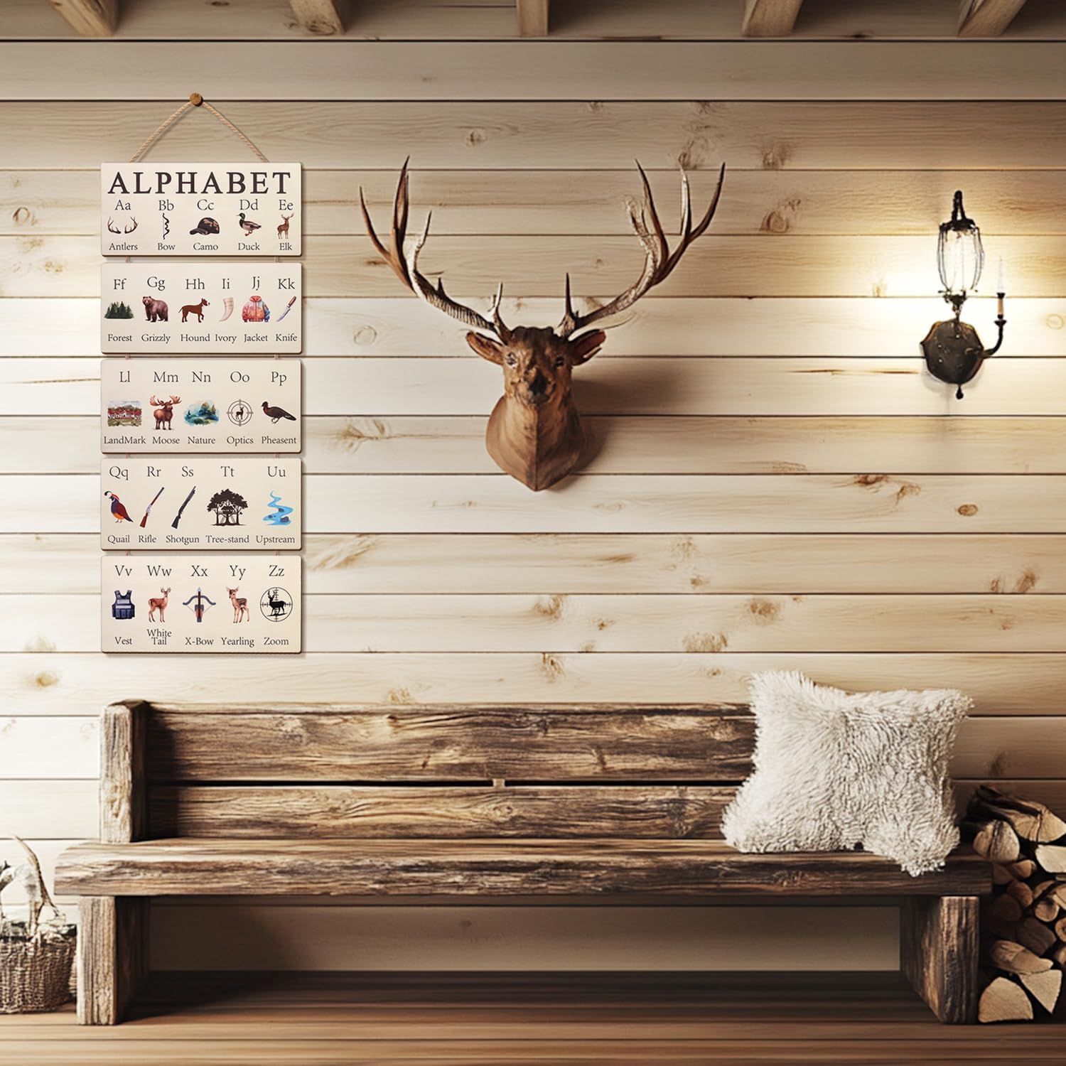 Lumncomfor Wooden Hunting Alphabet Signs, Rustic Wilderness ABC Wall Decor for Nursery Woodland ABC's Educational Plaques​ for Cabin Man Cave Baby Boy Room Classroom Home Decor