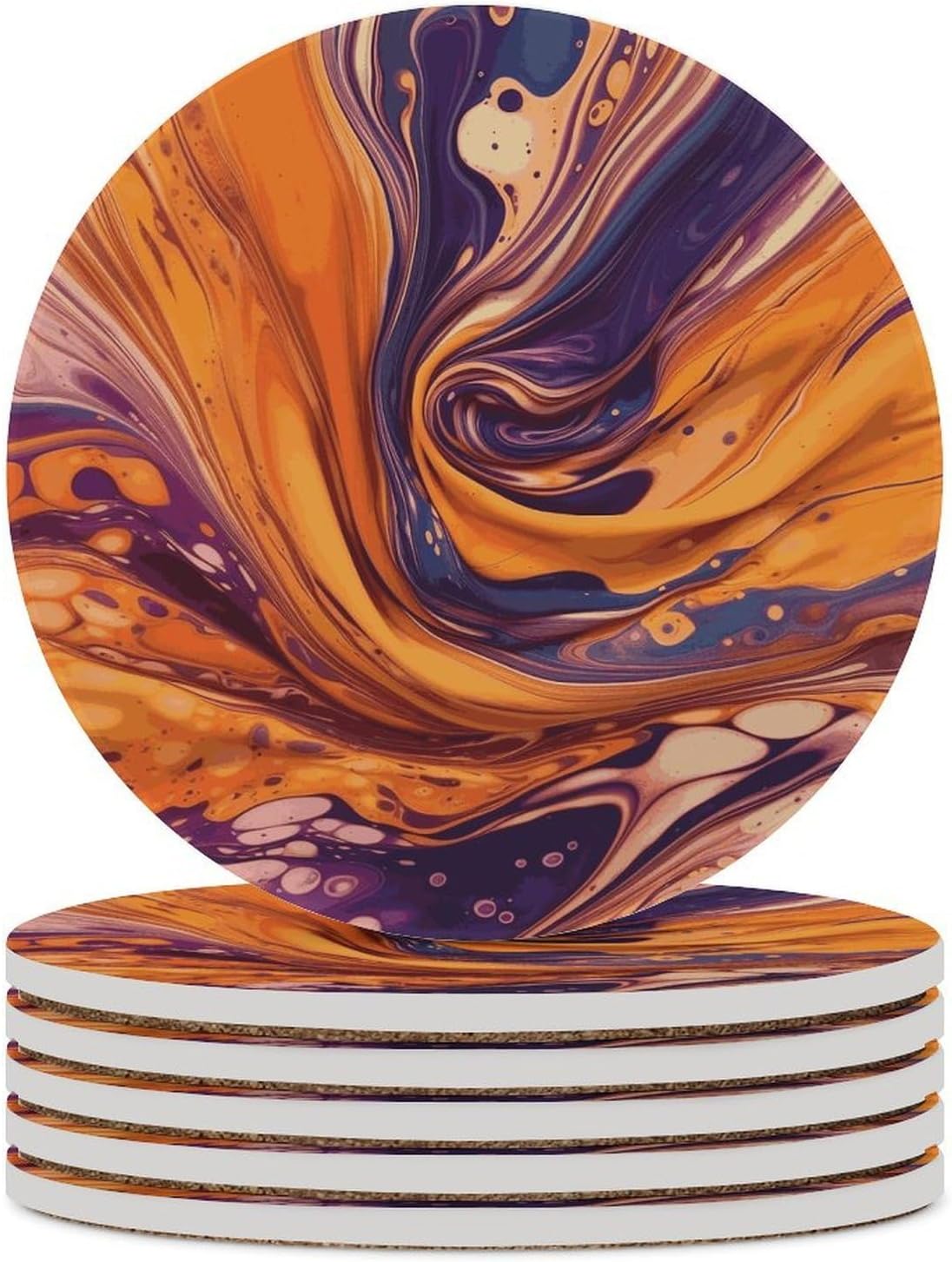 Purple Tie-dye Fabric Coasters Round Coasters Set Ceramic Stone Coaster with Cork Base Coffee Cup Beverage Cup Mat Cute Funny Table Drinks Coaster for Mugs and Cups Office Kitchen