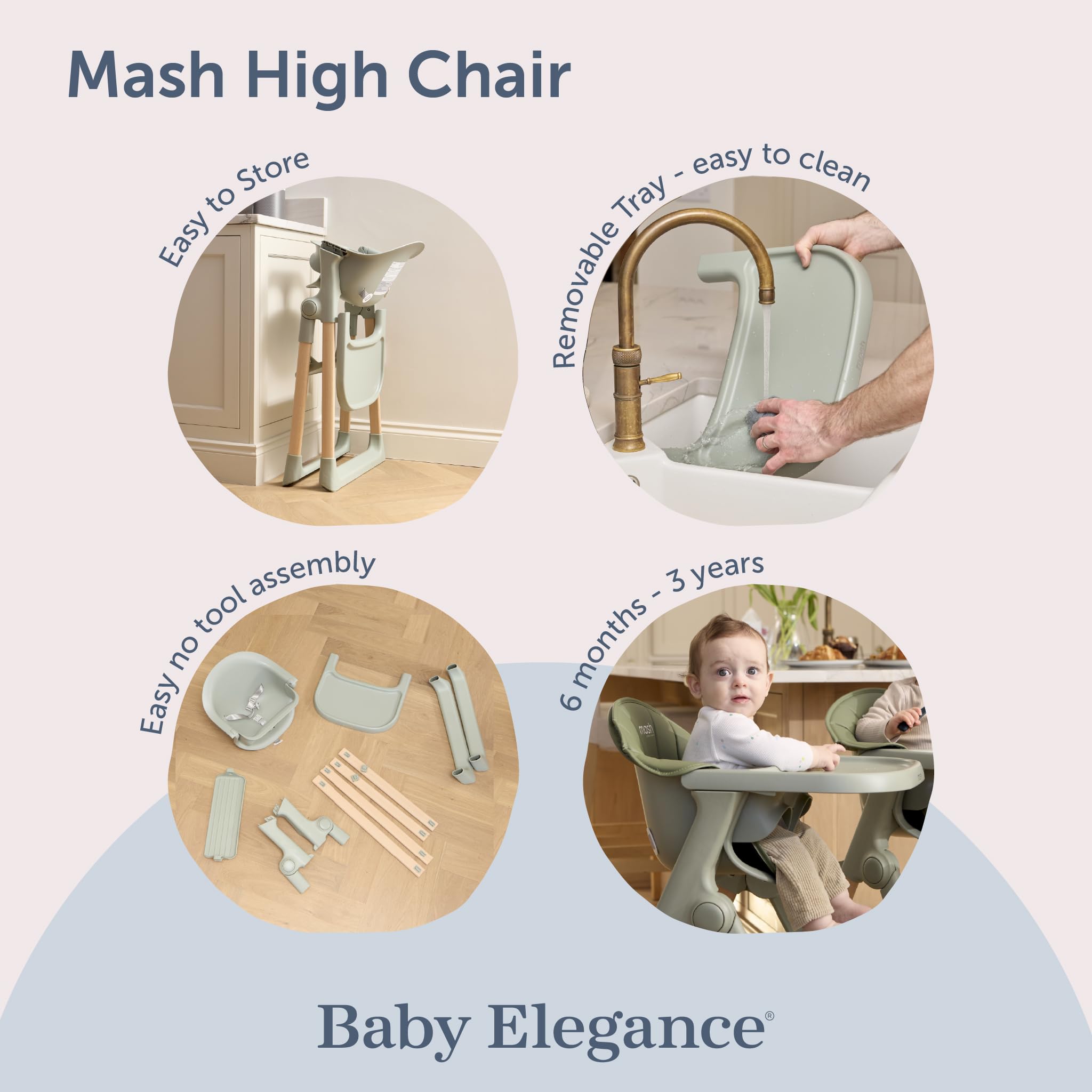Mash - Trona de Baby Elegance | Trona salvia para bebés y niños pequeños con reposapiés ajustable, bandeja extraíble y almohadilla de asiento | Plegable y portátil