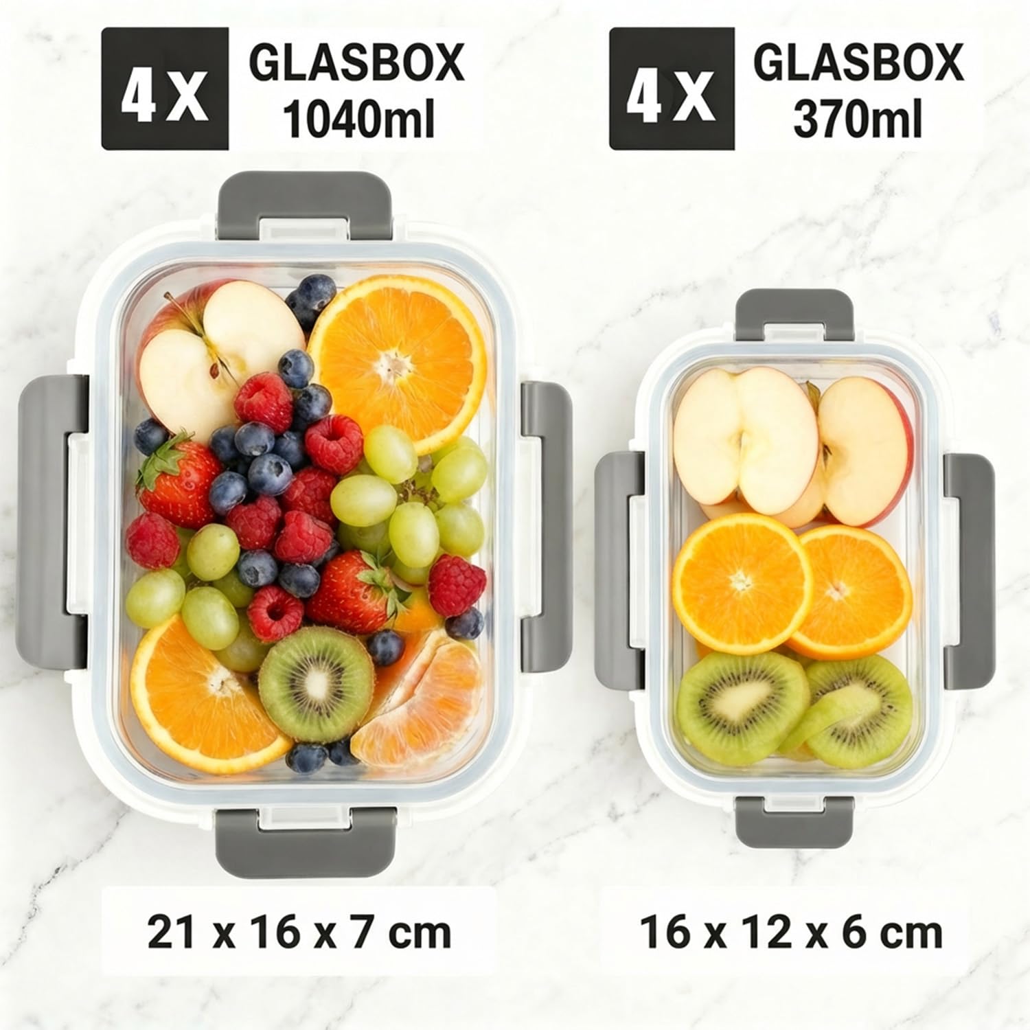 Set di 8 contenitori per alimenti in vetro borosilicato con coperchio, senza BPA, adatti per forno a microonde, lavastoviglie e congelatore (370 ml e 1040 ml) per meal prep e conservazione