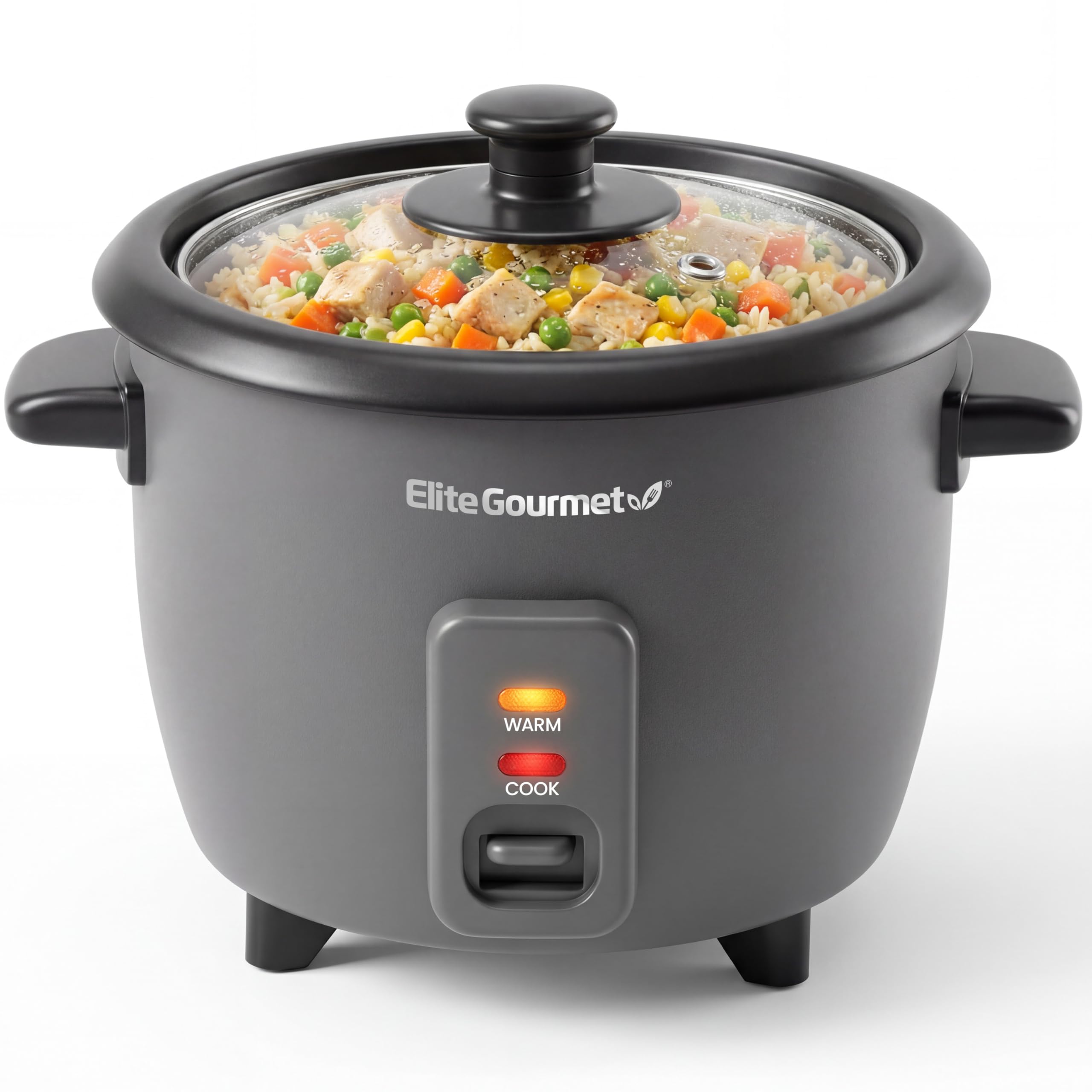 Elite Gourmet ERC6GC - Arrocera de cerámica de 6 tazas, olla interior antiadherente Ceralast™ sin PFAS, mantiene el calor automático, tapa de vidrio templado, cocina con un solo toque, taza medidora y