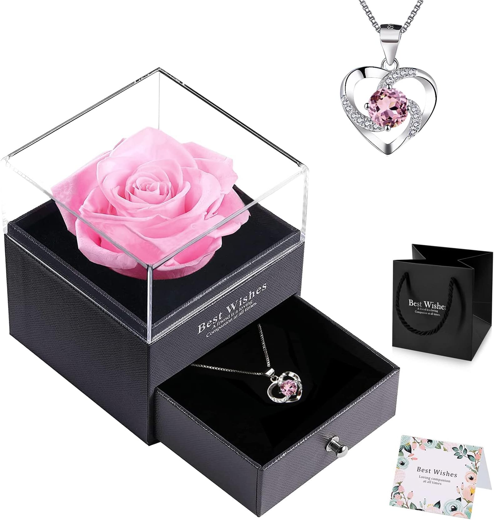 Goldmiky Ours Ours Rose Eternelle Avec Collier - Cadeau Romantique Rose éternelle Boîte Cadeau Femme