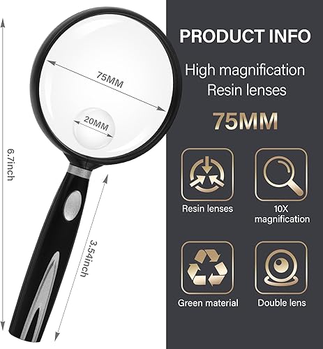 Miniatura 2 de Feosky Lupa de lectura de mano, lupa de 10 x 30X, lente inastillable de 2.953 in, mango antideslizante para adultos cercanos, lectura de personas