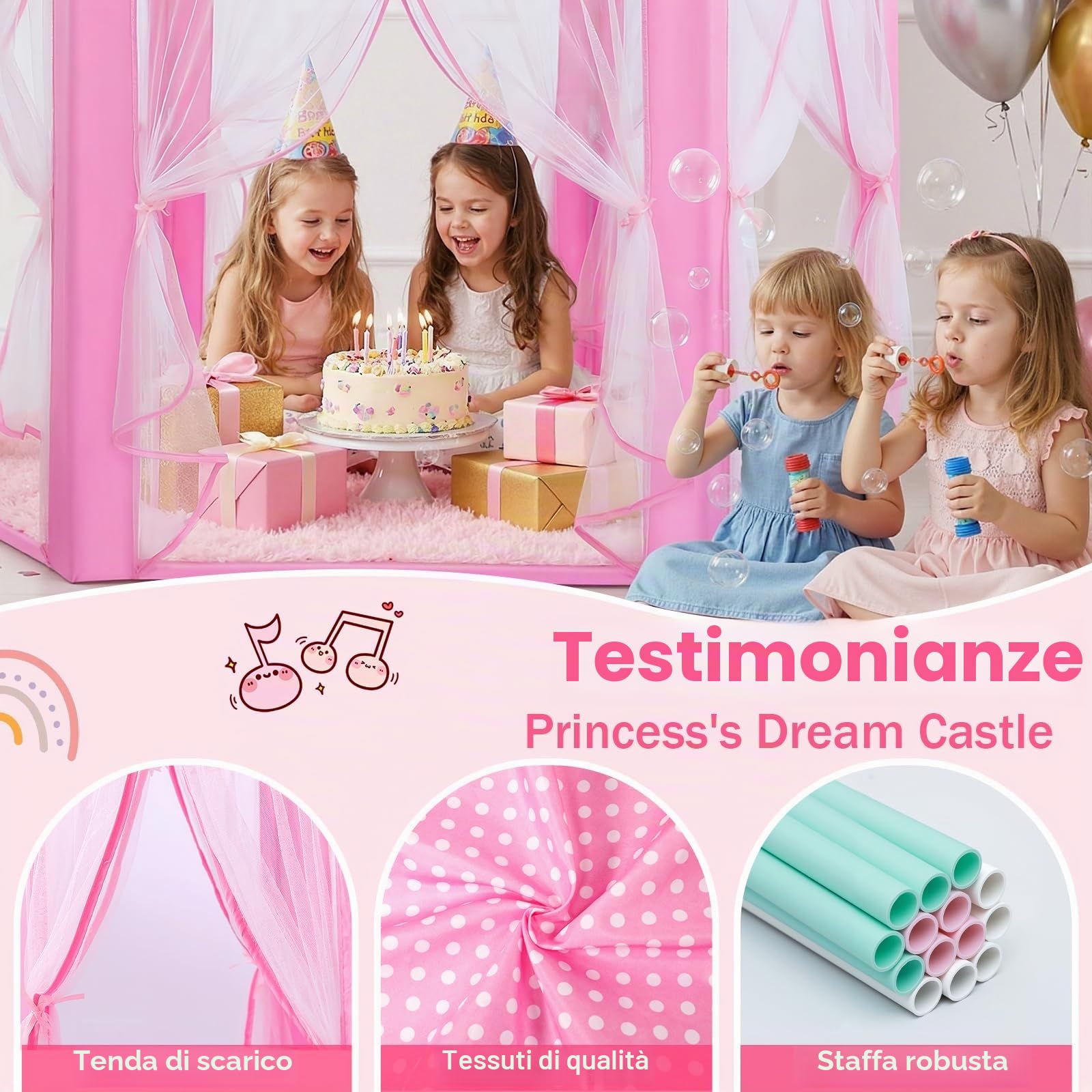 Sumbababy Giocare tende per bambini principessa castello tenda con tappeto per ragazze fata esagonale giocattolo casetta per bambini o bambini piccoli giochi al coperto (rosa)