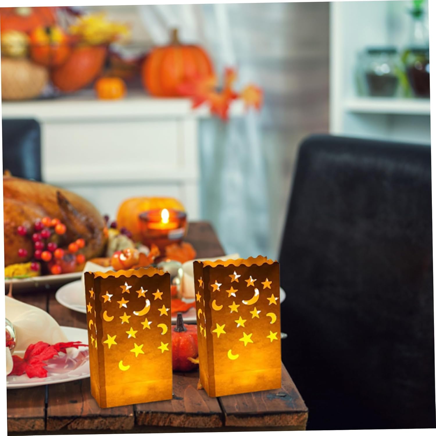 Thanksgiving Luminary Candle Bags with Stars Moon 50PCS Flame Resistant Lantern Luminary Bag Tea Light Luminaries for Fall Wedding Valentine's Day Thanksgiving Party Decor 5.91x3.54x10.24 inch...