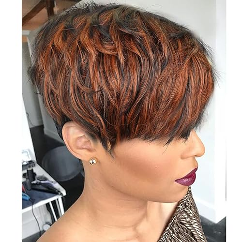 Yviann Short Layered Wavy Curly Wig with Bangs Brown Highlights