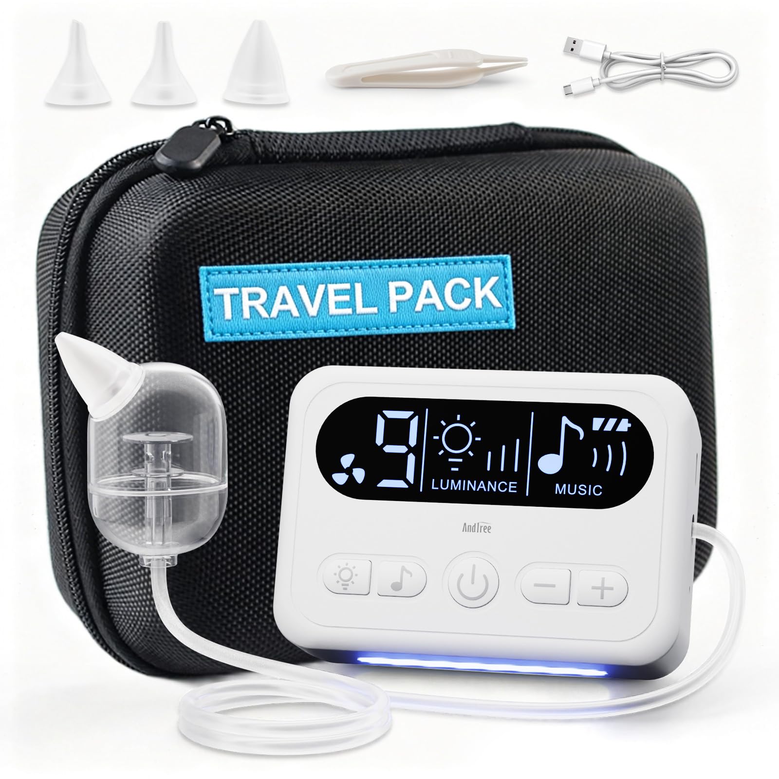 Aspiratore nasale per bambino, kit da viaggio con 9 potenza di aspirazione regolabile, display a LED, luce notturna e funzione calmante per la musica, aspirazione elettrica del naso per neonati