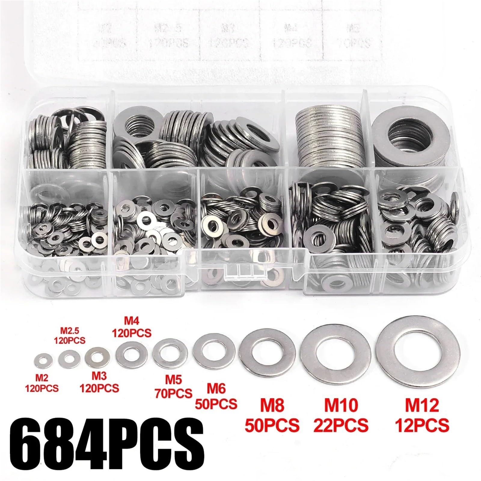 580/684/900/1080 Uds. Juegos De Arandelas Planas Acero Inoxidable M2-M16 Varios Tipos Metálicas para Tornillos(684Pcs with box)