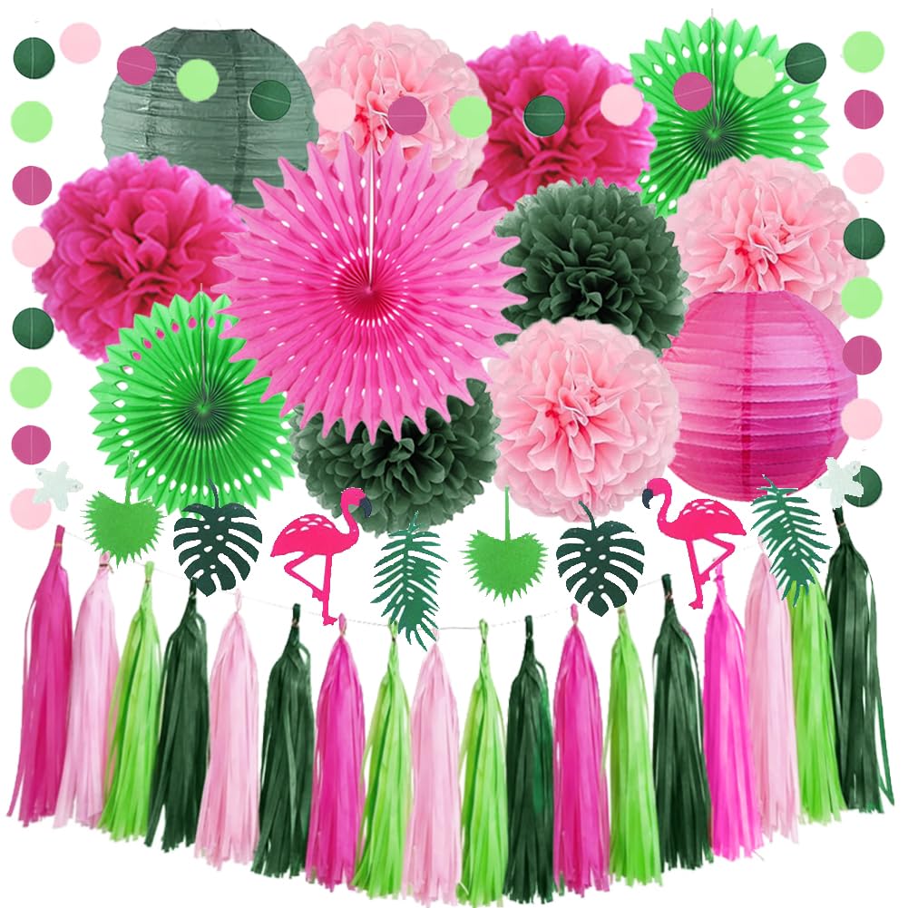 Summer Party Decorations Flamingo Tropical Hawaiian Party Decor Green Pink Paper Fans Paper Lanterns Paper Pom Poms Hanging Flamingo Paper Garland for Luau Party Decor
