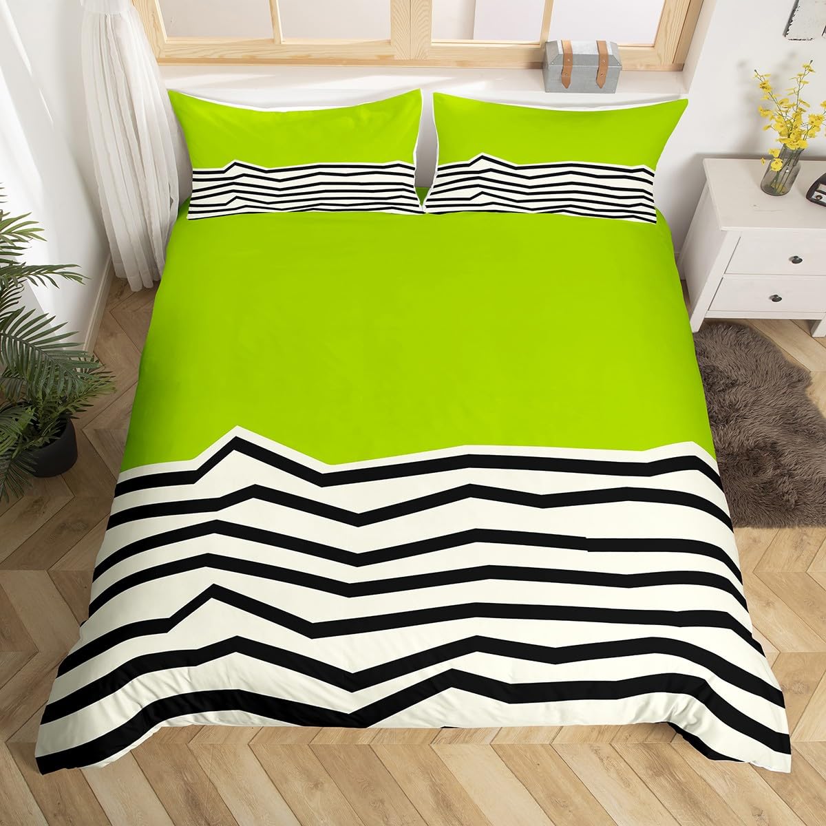 Homewish Abstract Wavy Stripe Double Duvet Cover Set - Lime Green White Geometric Bedding with 2 Pillowcases - Chic Modern Wavy Striped Microfiber Quilt Cover Mid-Century Art Deco Bed Sets