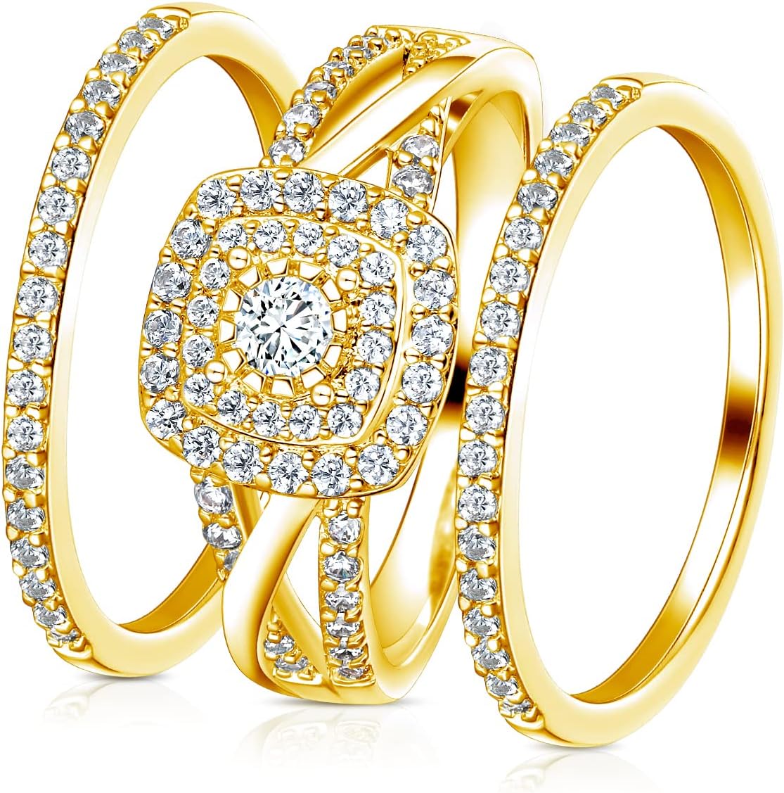 MDFUN Three-in-One ring set Square Halo Wedding Band Set Engagement Ring 18K White/Yellow Gold Plated Cubic Zirconia Promise ring Eternity Ring for Women