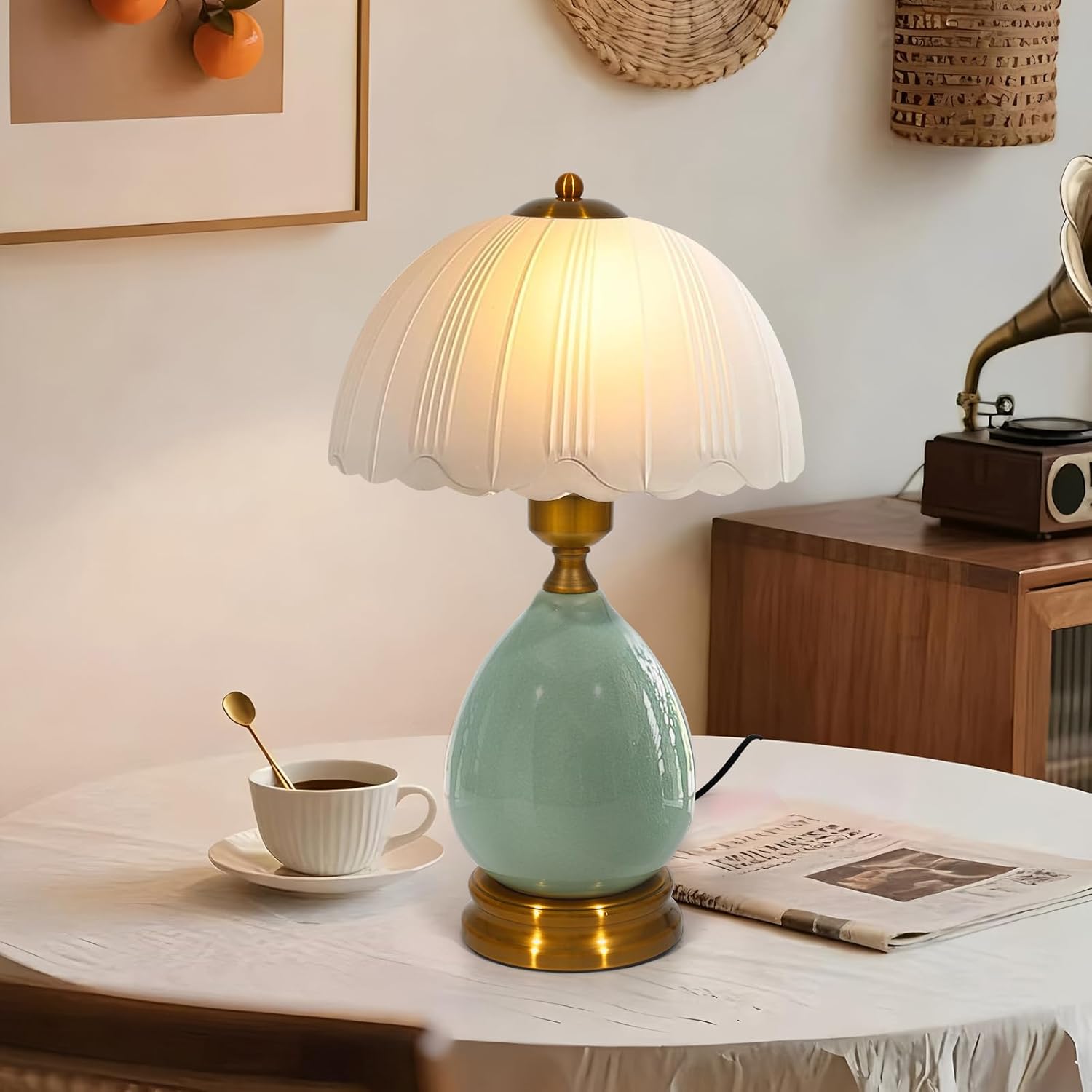 Ceramic Table Lamp – Chinese Traditional Green Bedside Lamp with 3-Color Dimmable LED, Retro Modern Living Room Bedroom