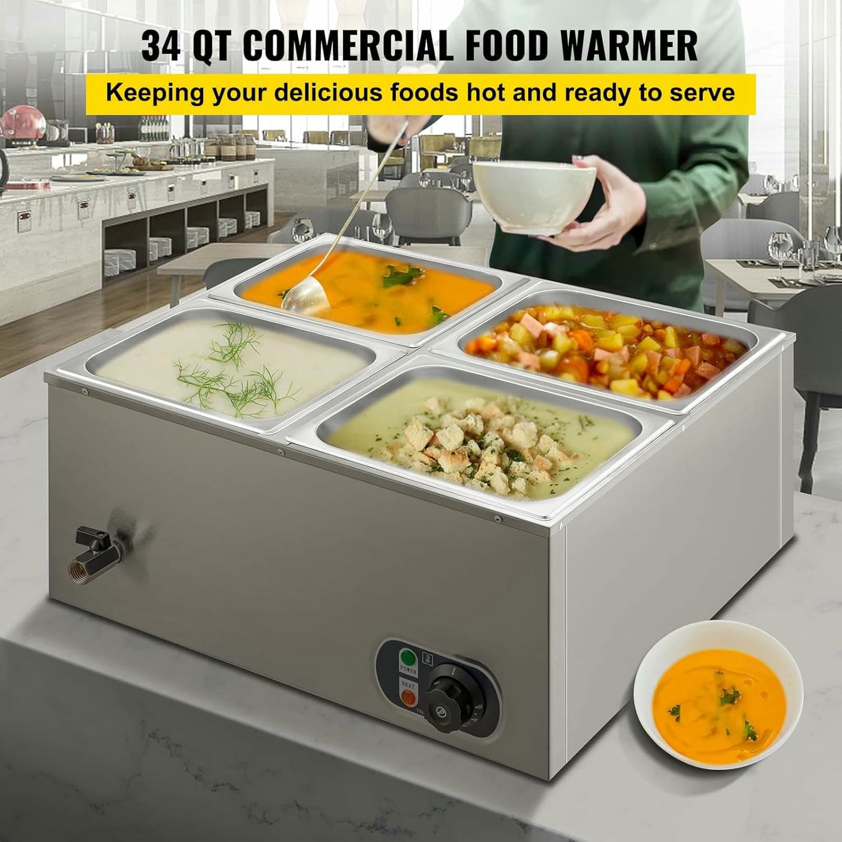 Calentador de plataforma profesional - Mesa de vapor eléctrica de 850 W y 34 litros con 4 contenedores para restaurantes y servicios de catering - Buffet profesional de acero inoxidable con cuello
