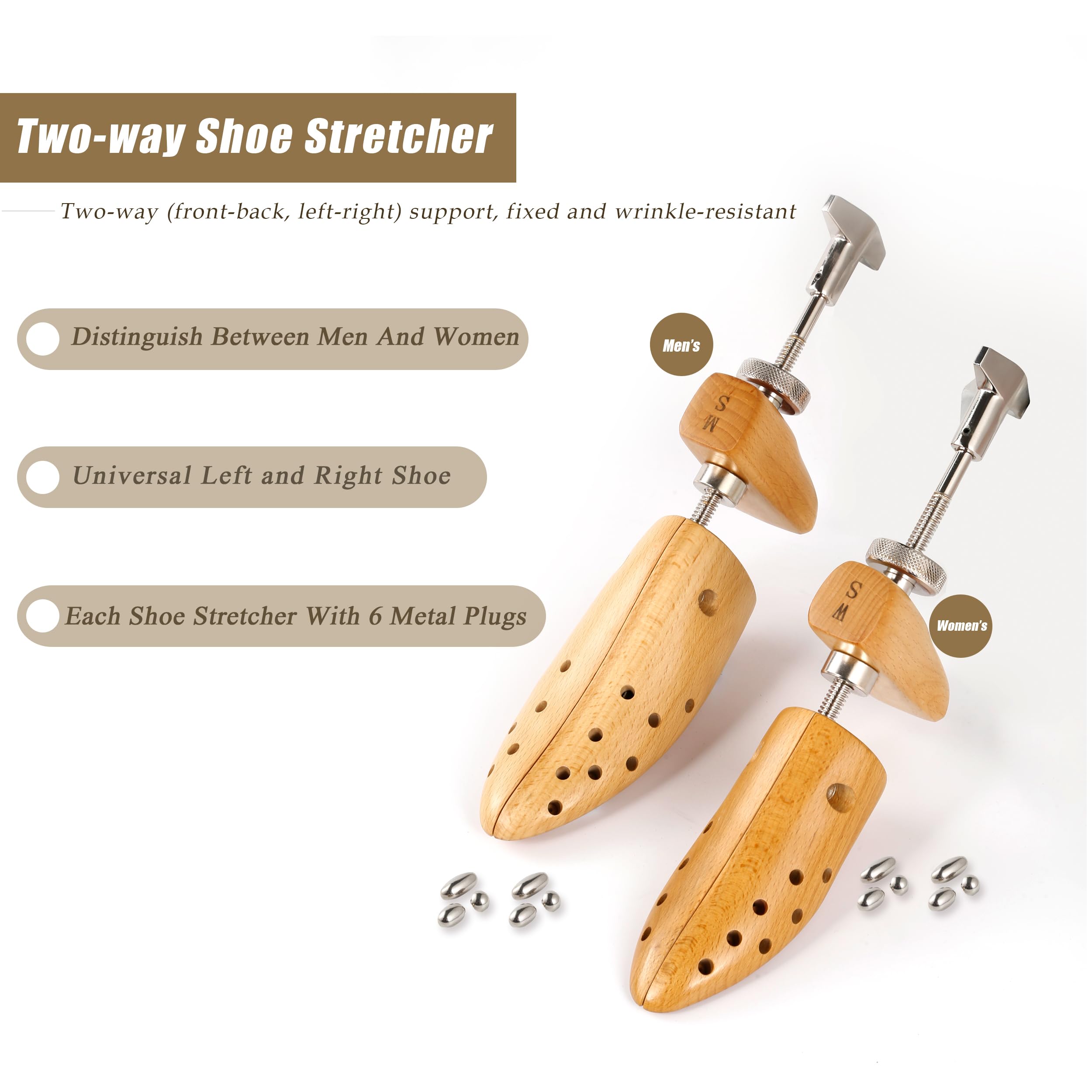 Extensor de zapatos de madera de 2 vías para ajustar el ancho y la longitud del zapato para hombres y mujeres, con piezas metálicas resistentes.