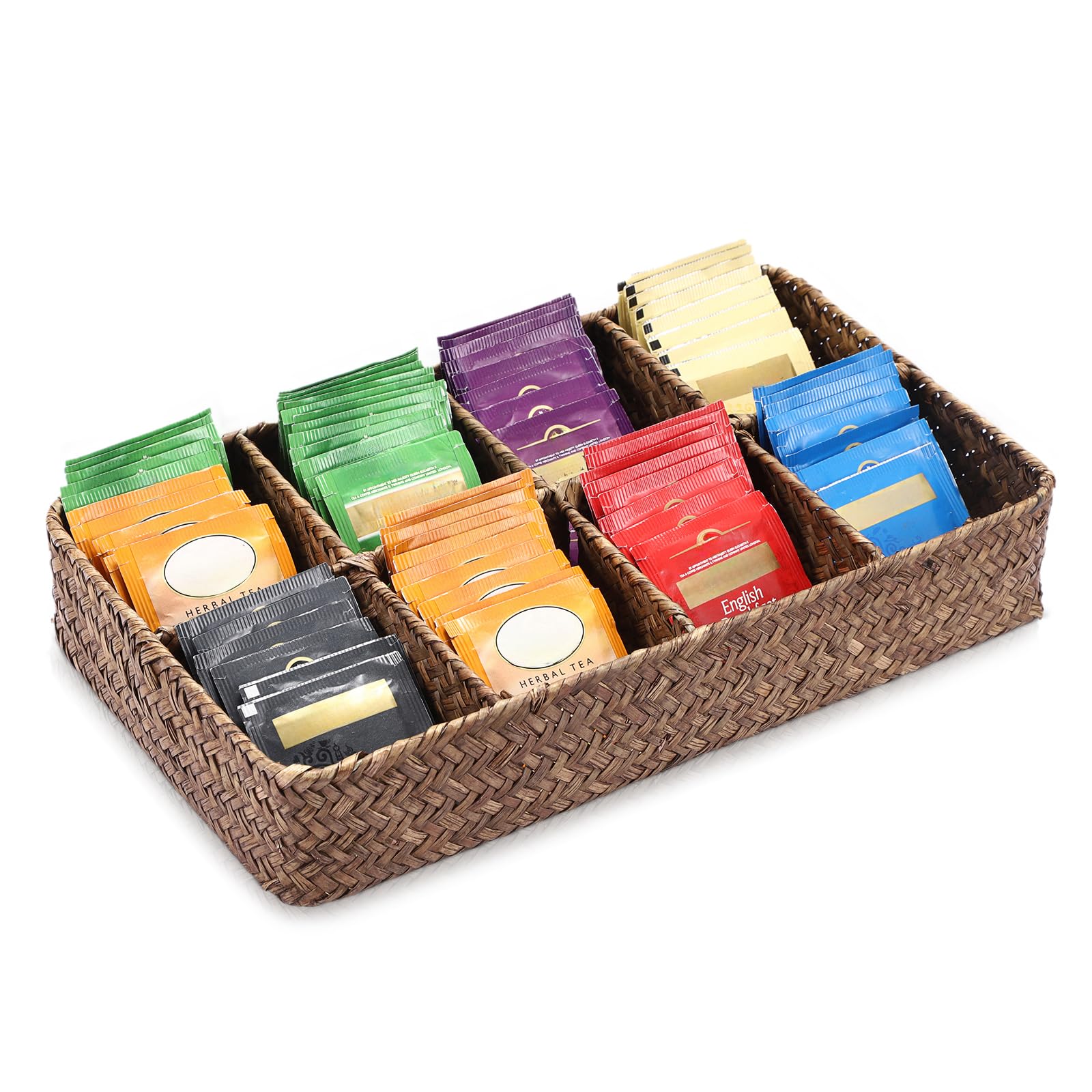 Plateau de rangement pour sachets de thé en jonc de mer pour un comptoir de cuisine ordonné