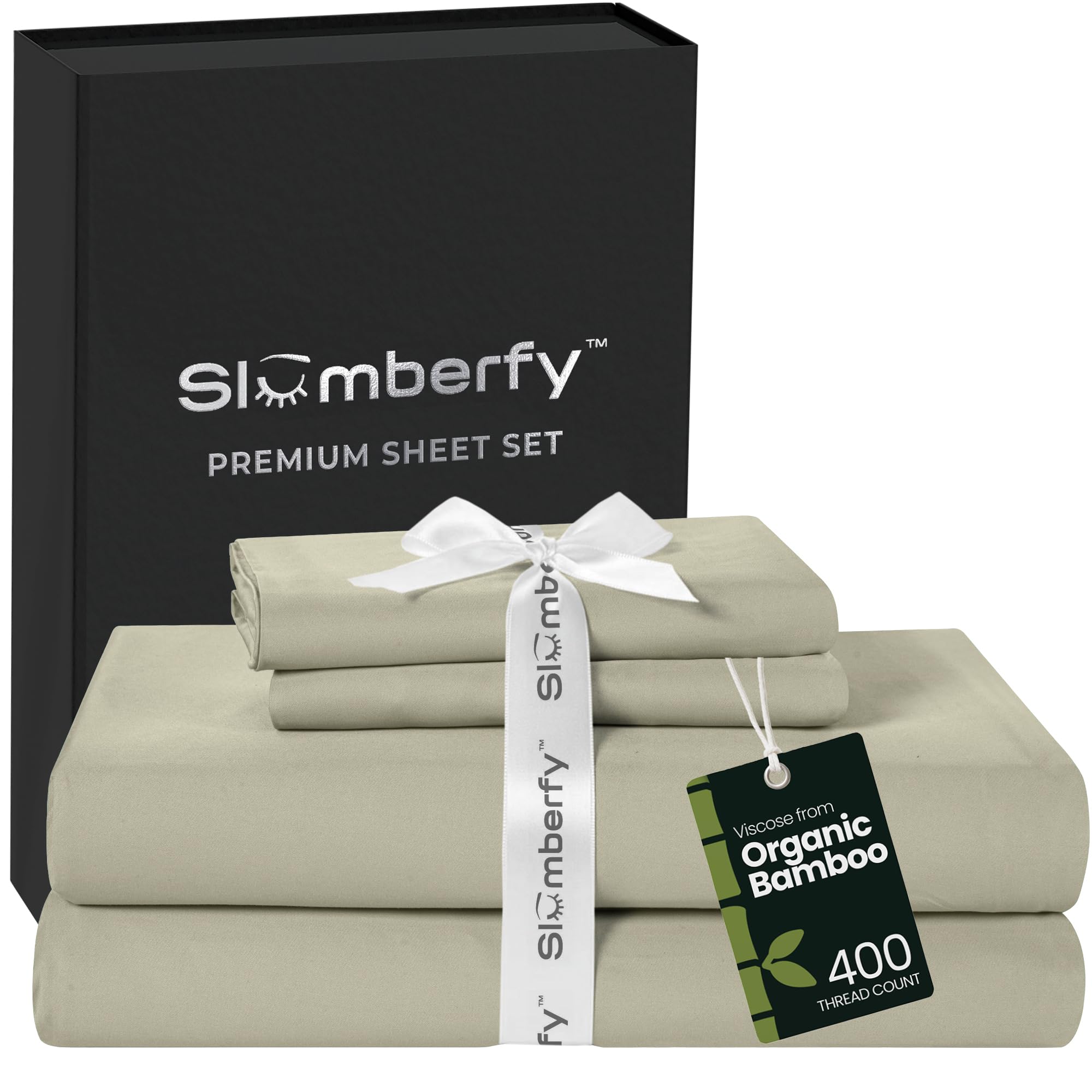 Slumberfy 4-Piece 400 TC Viscose Derived from Bamboo Sheets, Cal-King Size - 1 Fitted, 1 Flat, 2 Pillow Cases - Deep Pocket Cooling Viscose-Bamboo Bed Sheets in Magnetic Closure Gift Box, Light Green