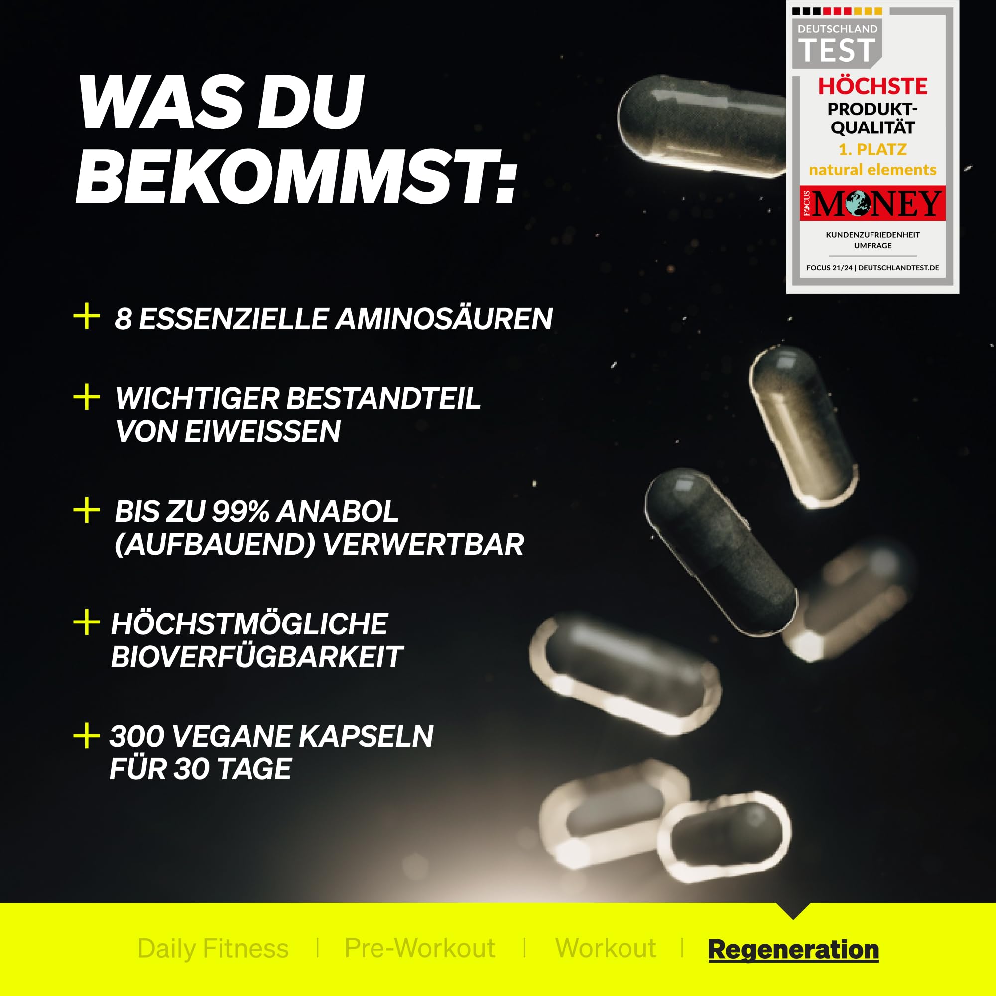 natural elements EAA Kapseln hochdosiert – 300 Kapseln – 8 essenzielle Aminosäuren – vegan, ohne unnötige Zusätze – in Deutschland produziert & laborgeprüft