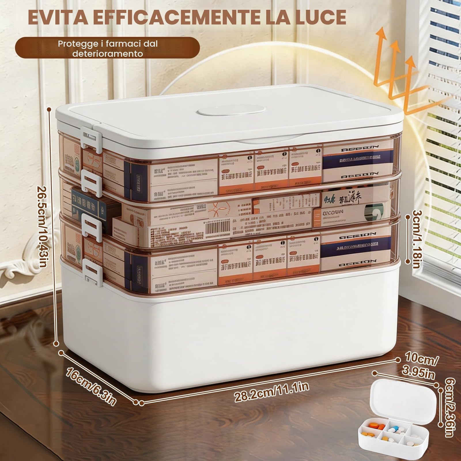 Contenitore Medicinali 4 Strati, Con Maniglia, Portapillole Viaggio | 30×16,5×24cm, 4 vani separati, Portapillole da viaggio estraibile nel coperchio, Plastica PP senza BPA