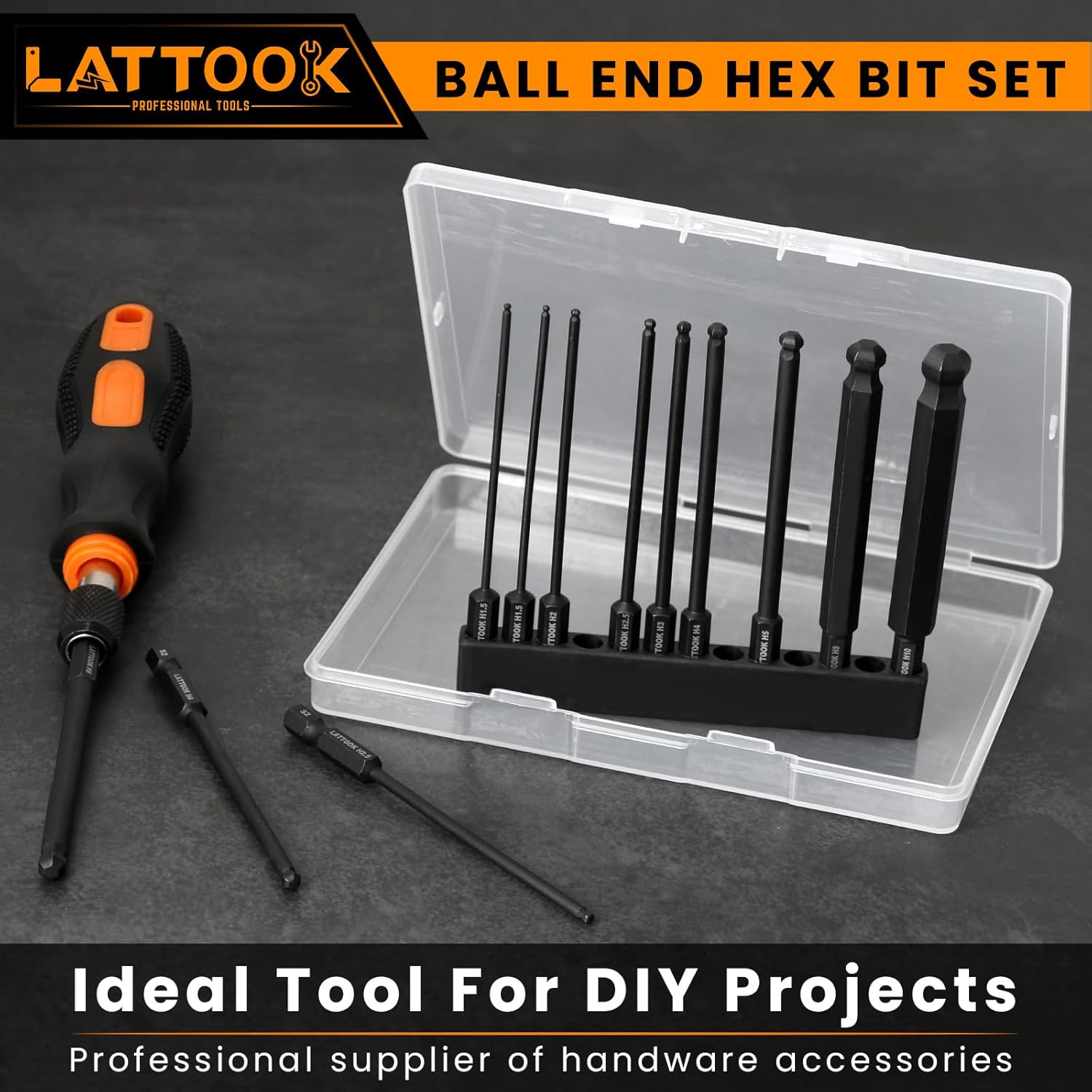 Ball End Hex Head Allen Wrench Drill Bit Set with Quick Release Bit Driver, LATTOOK 12PCS Metric Ball End Hex Bit Set Allen Hex Key, Magnetic S2 Steel, 4'' Long