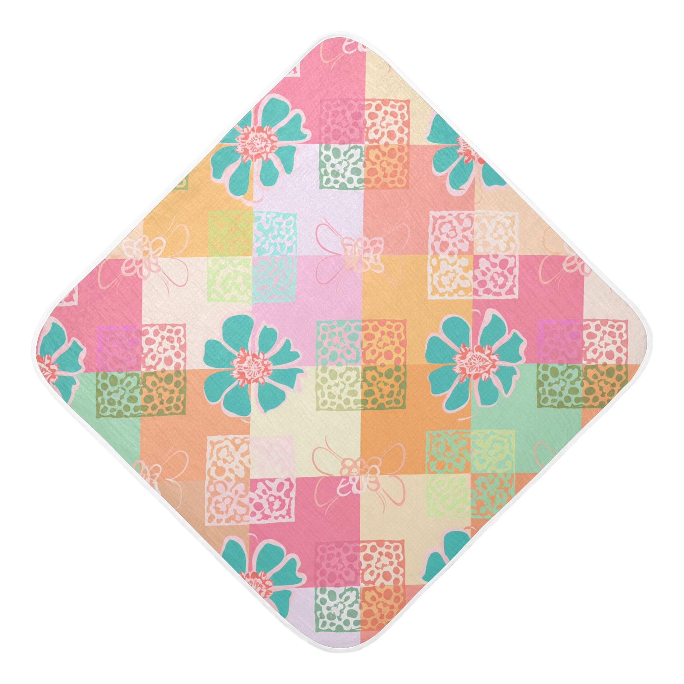 Kigai Baby Hooded Towel Absorbent Baby Bath Shower Towel with Hood for Newborn Boys Girls Babies Infant Toddler (Flower on Squares 30 x 30 in)
