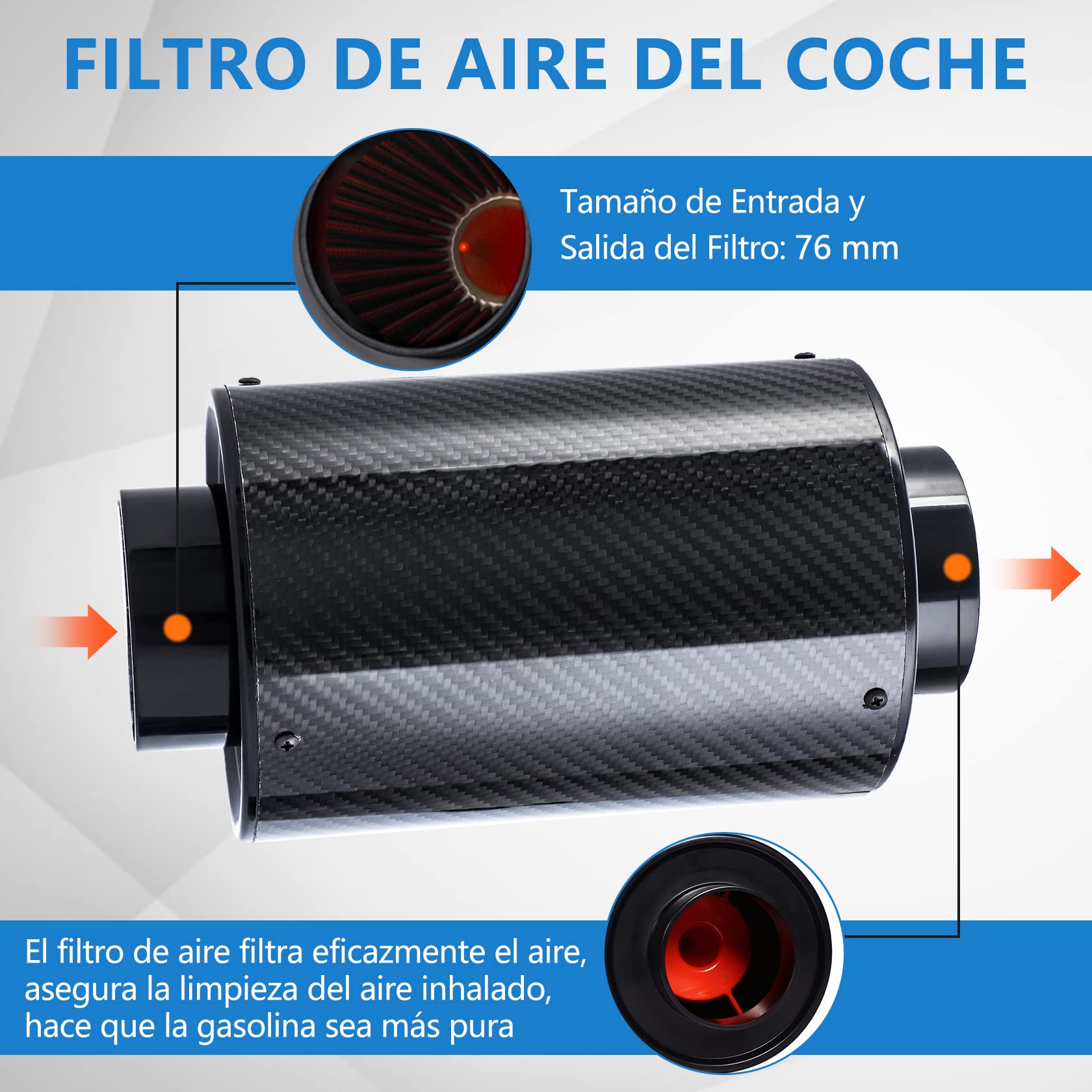 CarBole Filtro de Aire de Succión Kit 76mm | Manguera de succión dinámica de Fibra de Carbono, Incluido para Manguera de Inducción