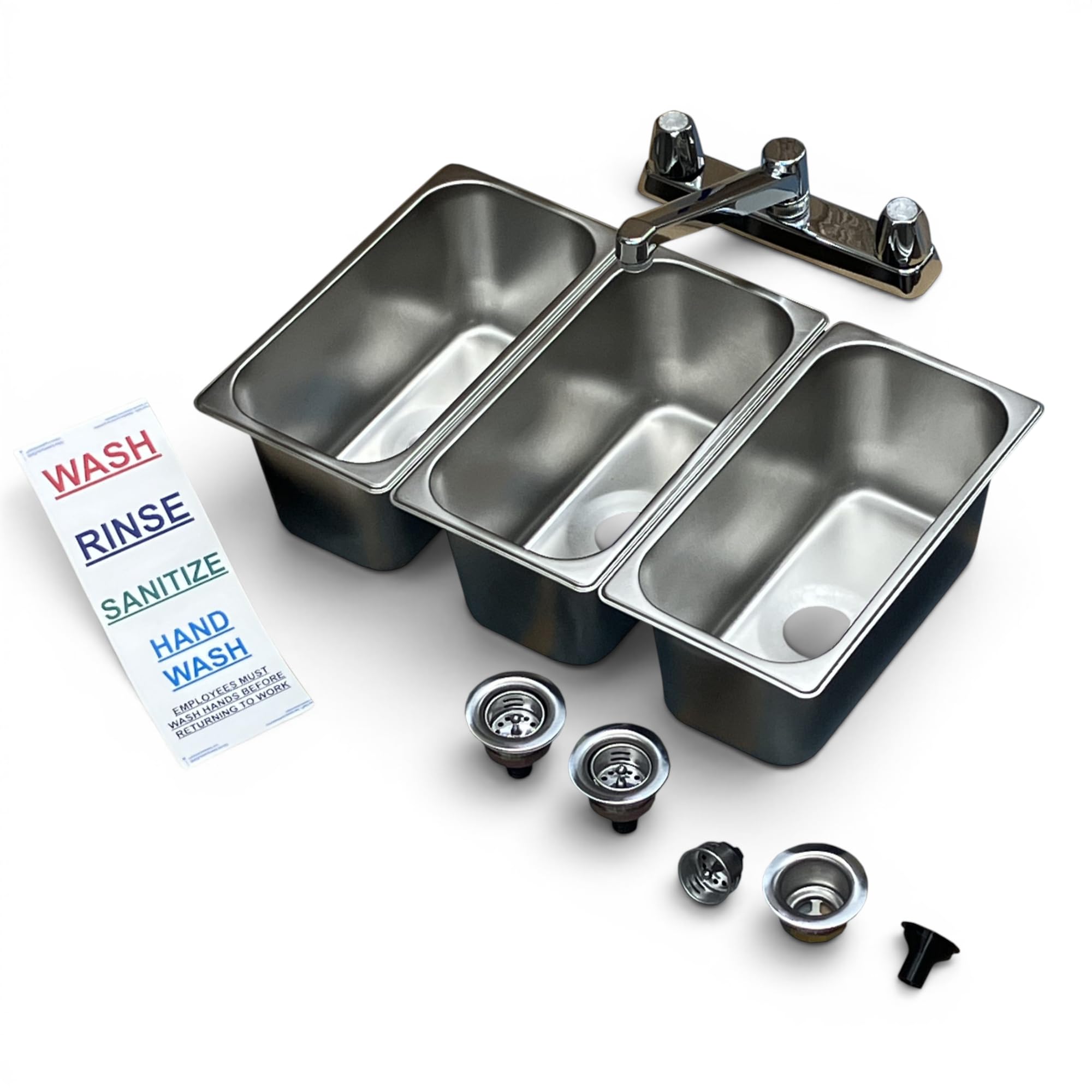 Fregadero de 3 compartimentos de acero inoxidable con grifo grande y etiquetas