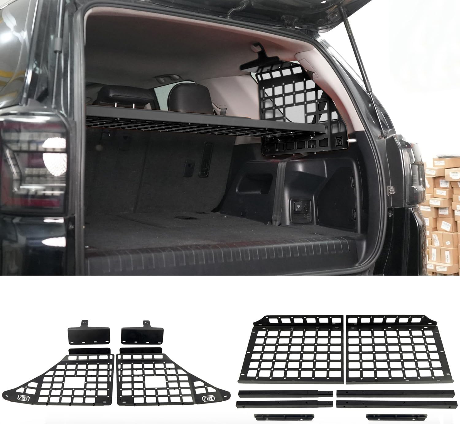 L2R for Toyota 4Runner 2010-2024 Car Molle Panel Rear Cargo Rack Basket Interior Luggage Carrier Modular Storage Panel Trunk Shelf Hanging Boards Organizer Kit (Side Panel + Trunk Shelf)