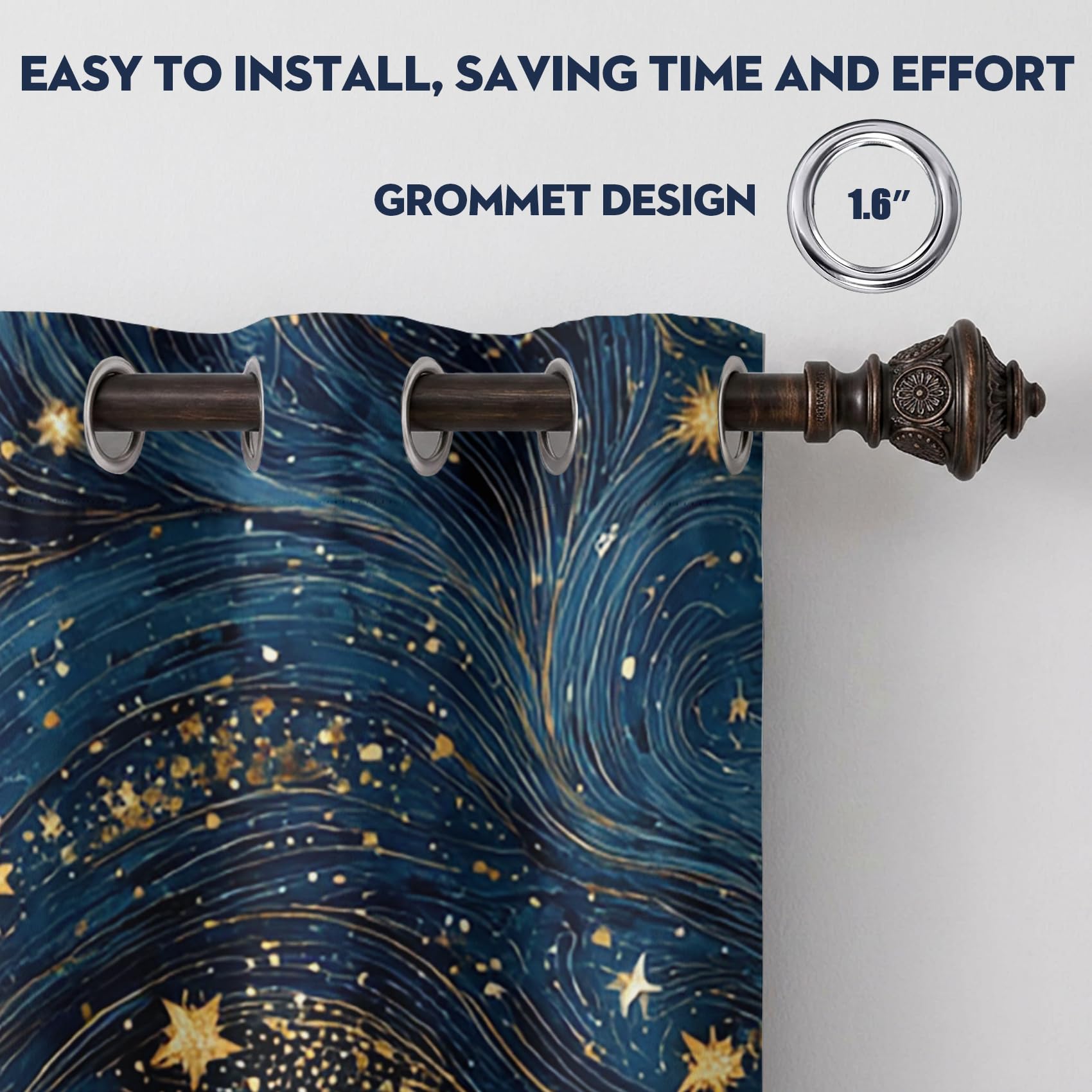 Generisch Sternenhimmel Vorhänge mit Ösen, 2 Stück H 166 x B 75 | Blackout Curtains, Blau Gold Fantasy Celestial Motiv, Thermo Blickdichte Gardinen, Schlafzimmer Wohnzimmer Deko E7997