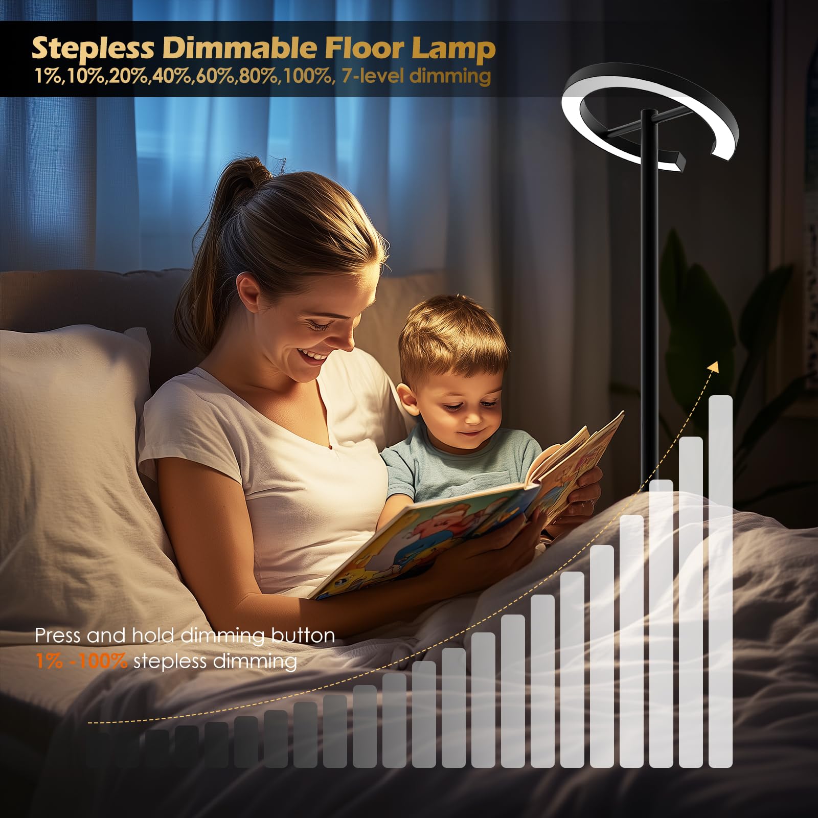 Lampada angolare a LED luminosa da 71 pollici con telecomando (batteria non inclusa), dimmerabile senza interruzioni, lampada da lettura girevole, 2700-6500K, moderna lampada da pavimento luminosa per