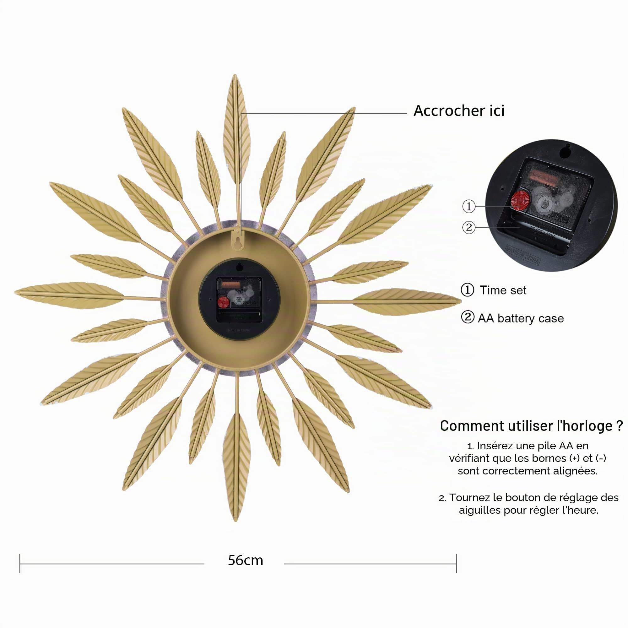 Lafocuse 56cm Horloge Murale Geante Métal Or, Silencieuse Design Moderne Pendule Murale Originale Créative, Décorative sans Tic-tac pour Salon Chambre Bar Cuisine