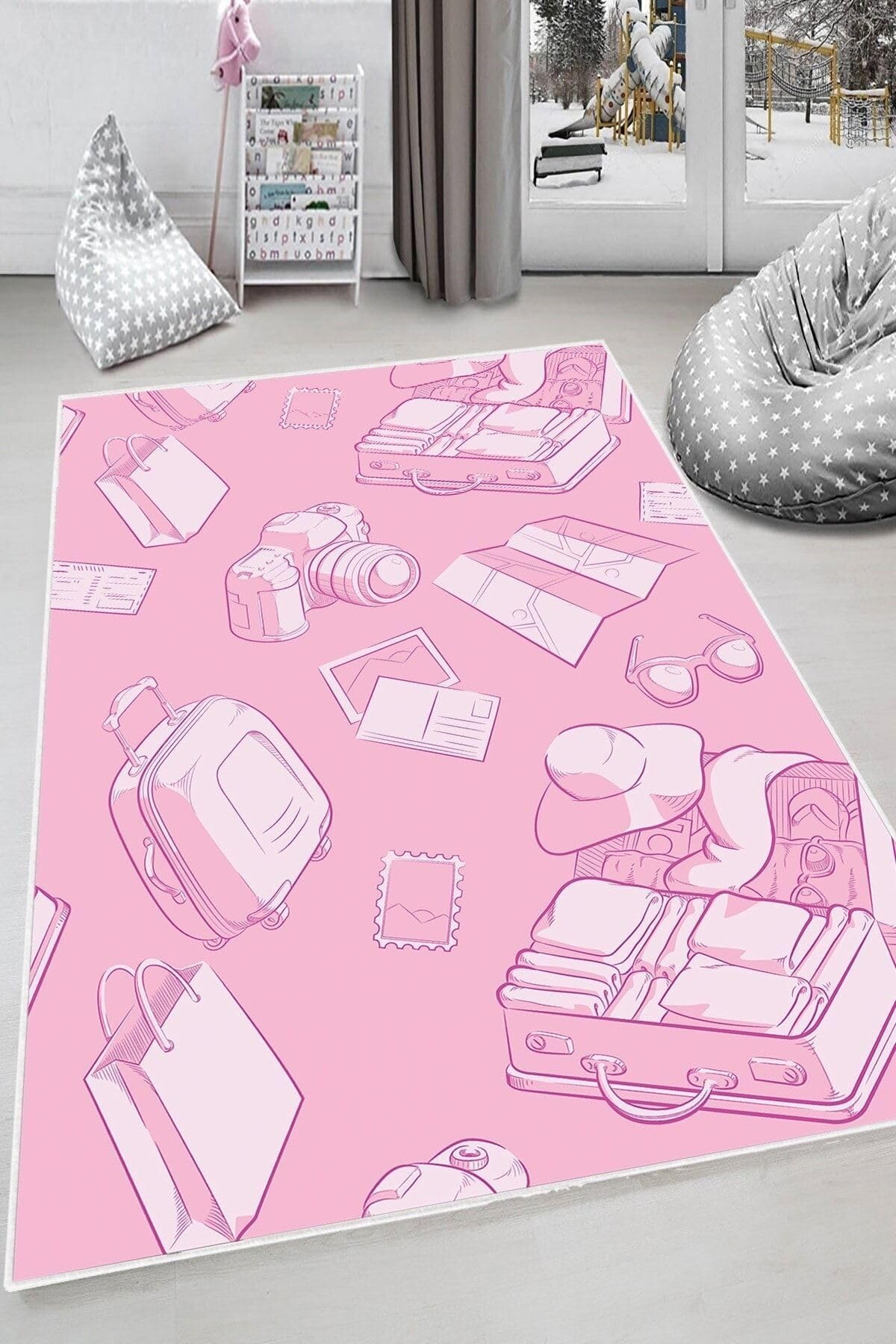 Pelangi Pembe Eşya Ikonlu Çocuk Yıkanabilir Kaymaz Taban Leke Tutmazbebek Ve Çocuk Odası Halısı, Şeker Pembe 130 x 180